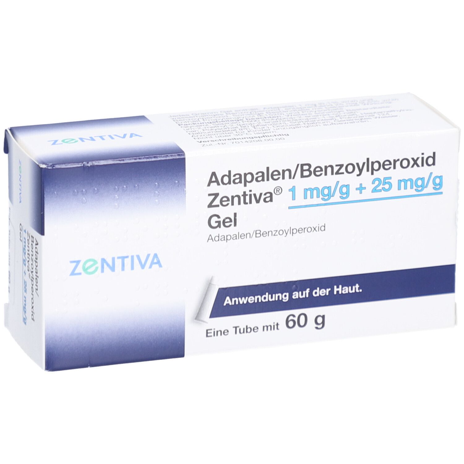 Karton von Adapalene/Benzoylperoxid Zentiva Gel. Aufschrift: 1 mg/g + 25 mg/g. Eine Tube mit 60 g. Zentiva Logo.