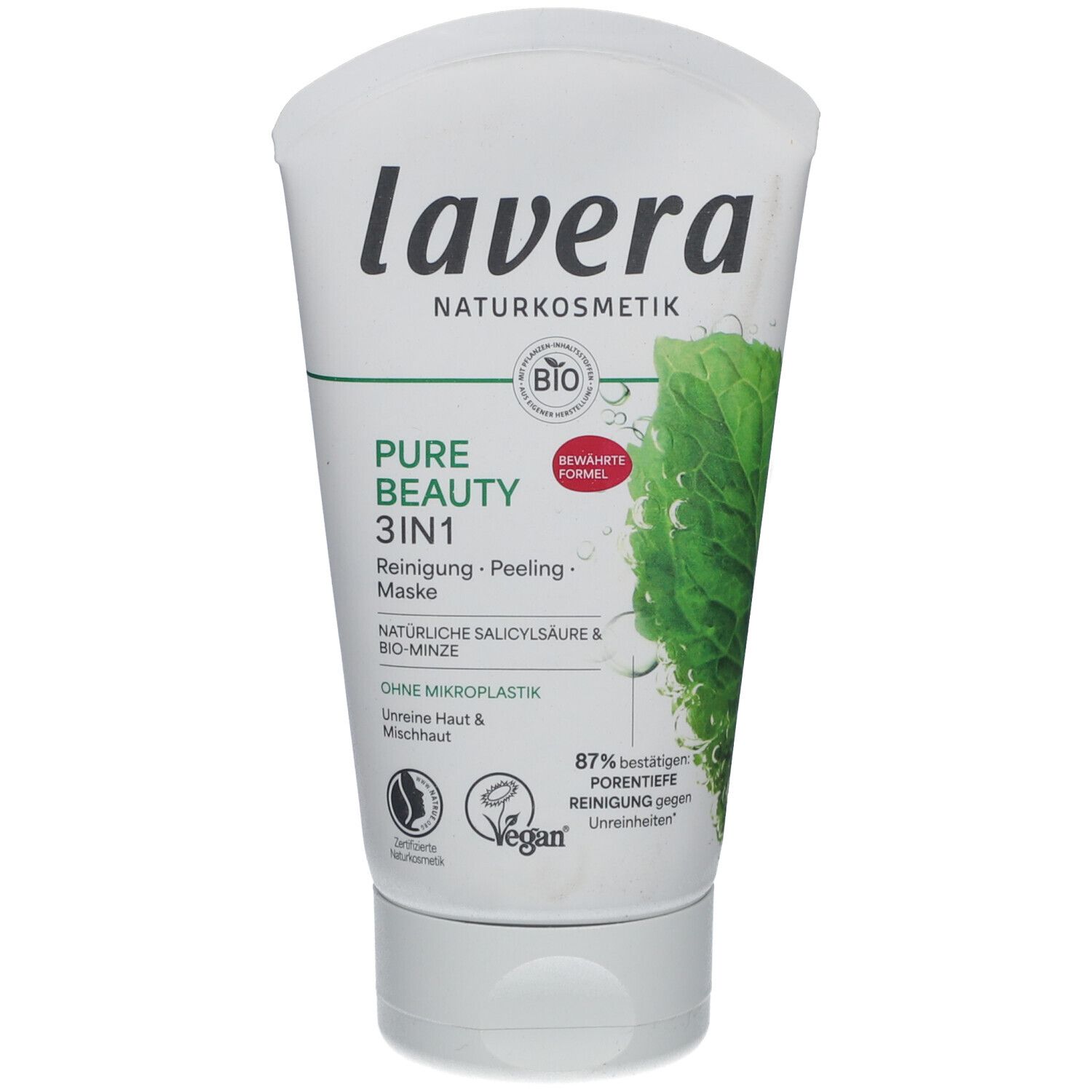 Weißer Tubenbehälter mit grünem Aufdruck. Enthält lavera® Pure Beauty 3in1 Reinigung mit Salicylsäure & Bio-Minze.