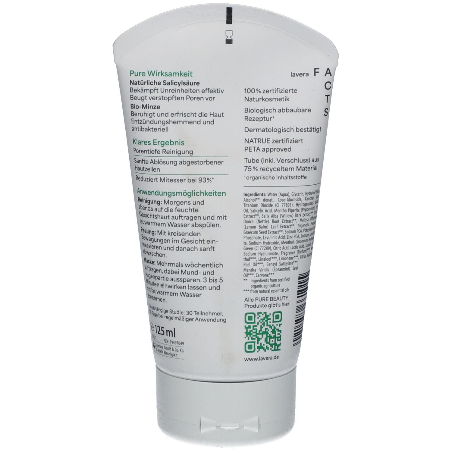 Rückseite der weißen Tube. Enthält Textinformationen und QR-Code. lavera® Pure Beauty 3in1 Reinigung mit Salicylsäure & Bio-Minze.