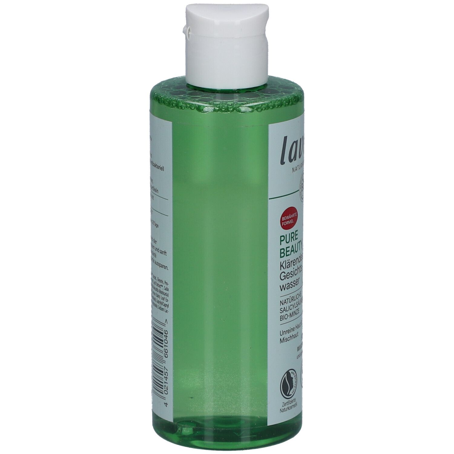 Transparente grüne Flasche mit weißem Deckel. Etikett mit Produktinformationen. Vegan-Siegel.