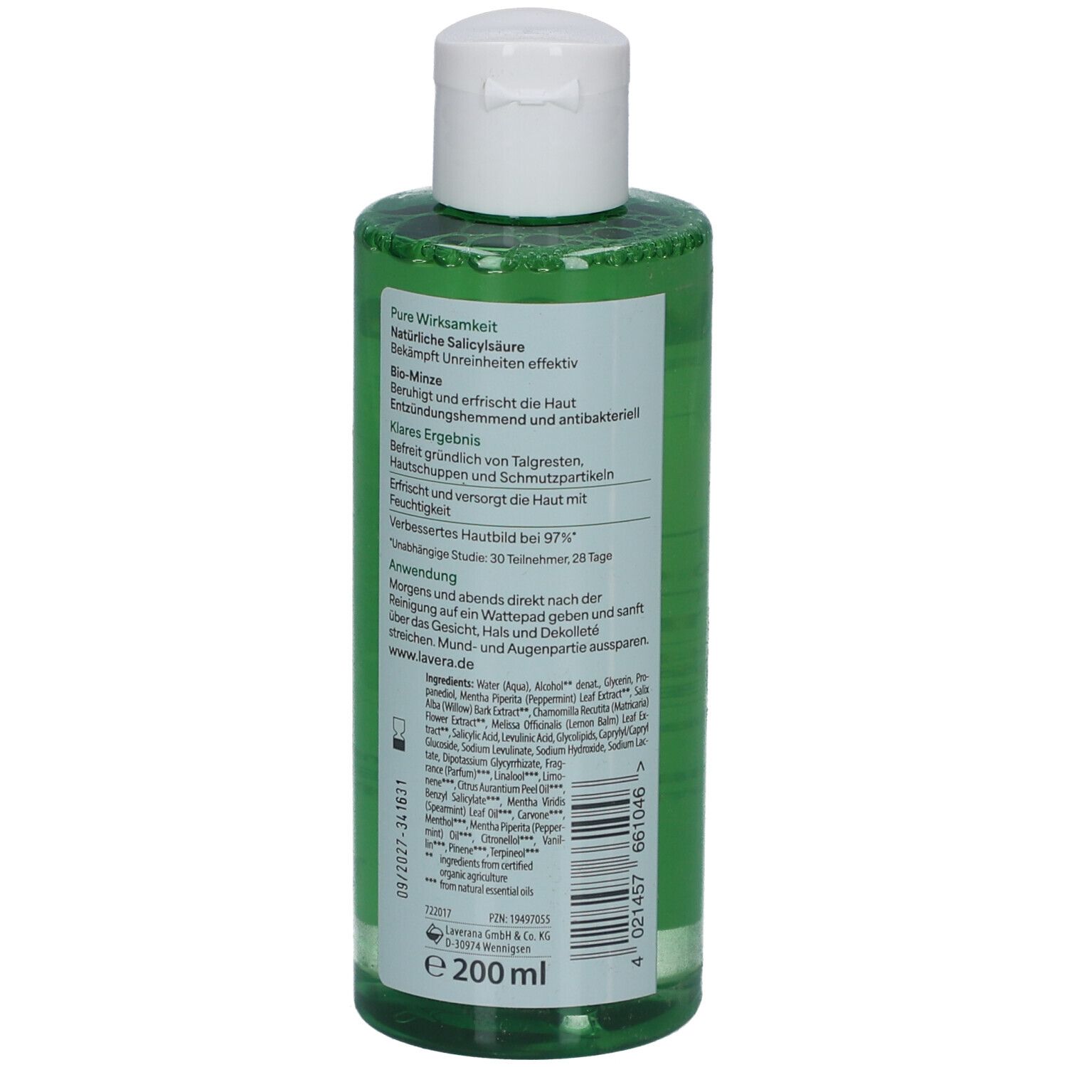 Rückseite der grünen Flasche mit weißem Deckel. Etikett mit Produktinformationen und Inhaltsstoffen.