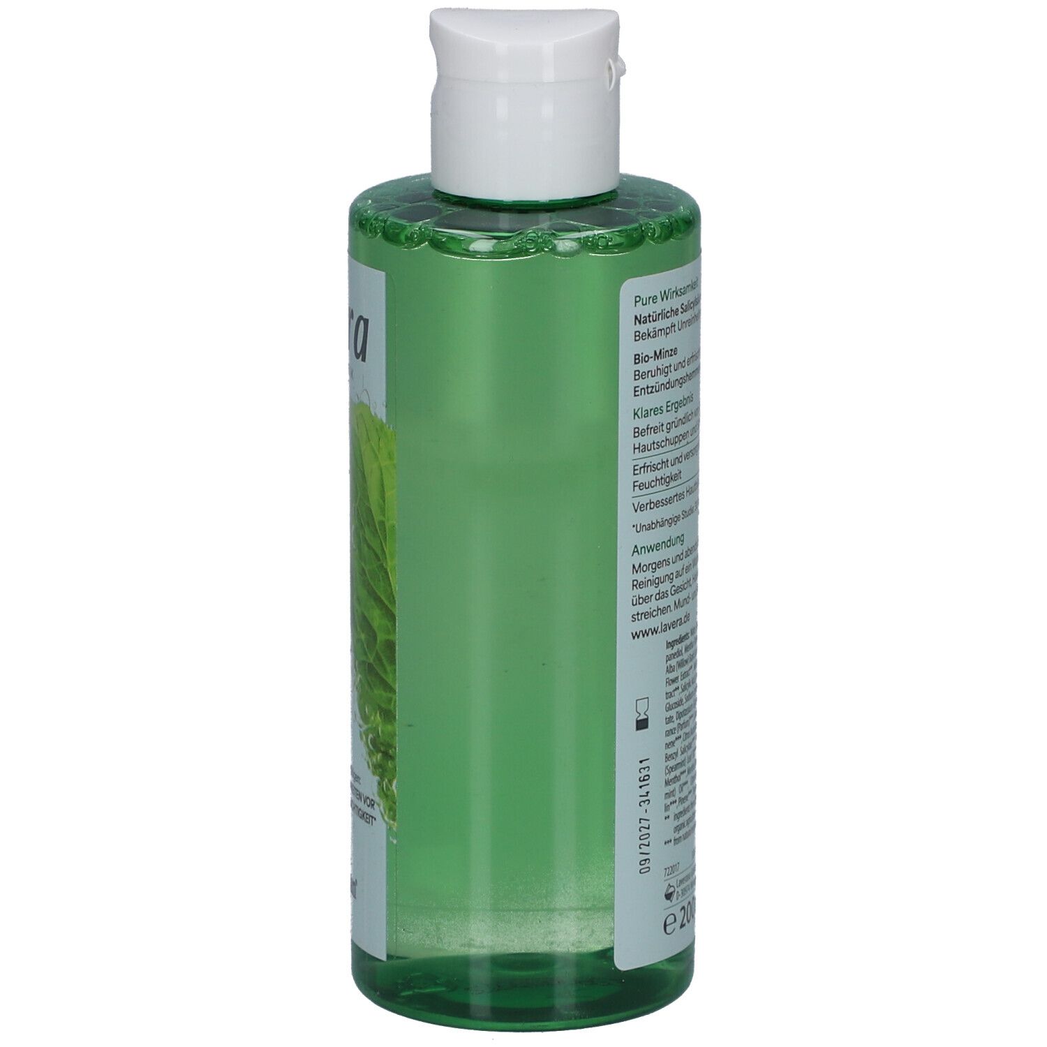 Rückseite der grünen Flasche mit weißem Deckel. Etikett mit Produktinformationen und Inhaltsstoffen.