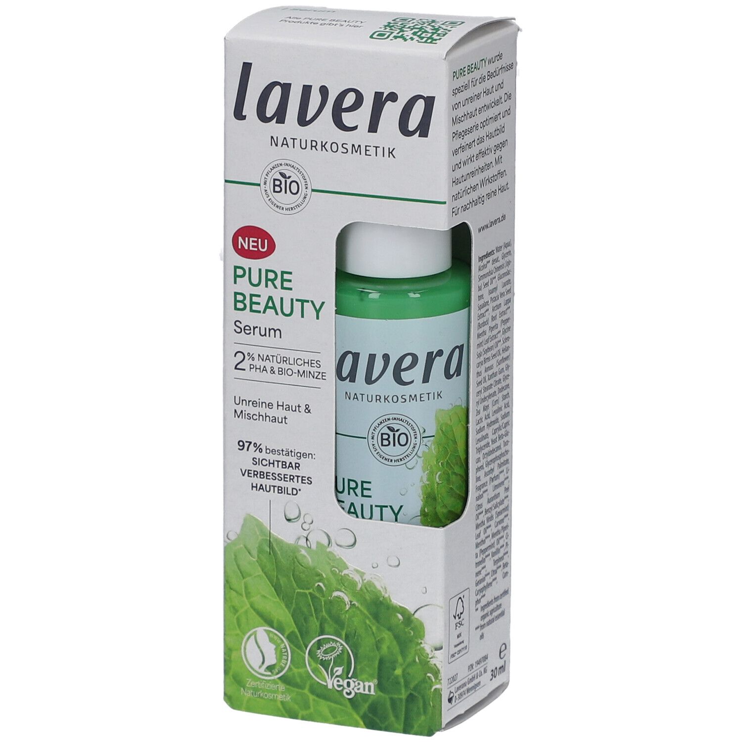 Lavera Serum in Verpackung. Grünliche Flasche, weißer Karton mit Logo und Produktinformationen. Vegan.