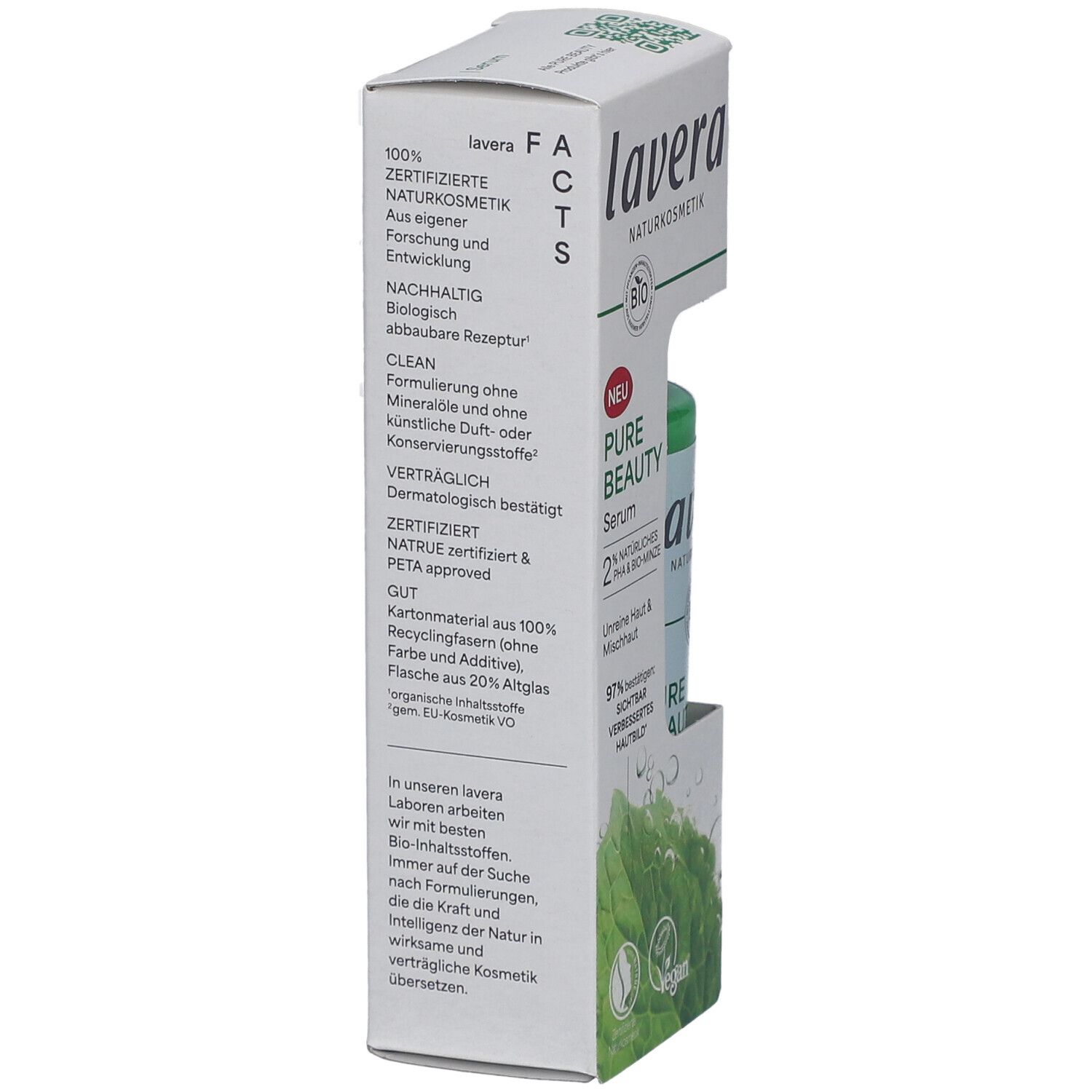 Verpackung von Lavera Serum. Weißer Karton mit Text, u.a. '100% zertifizierte Naturkosmetik'.