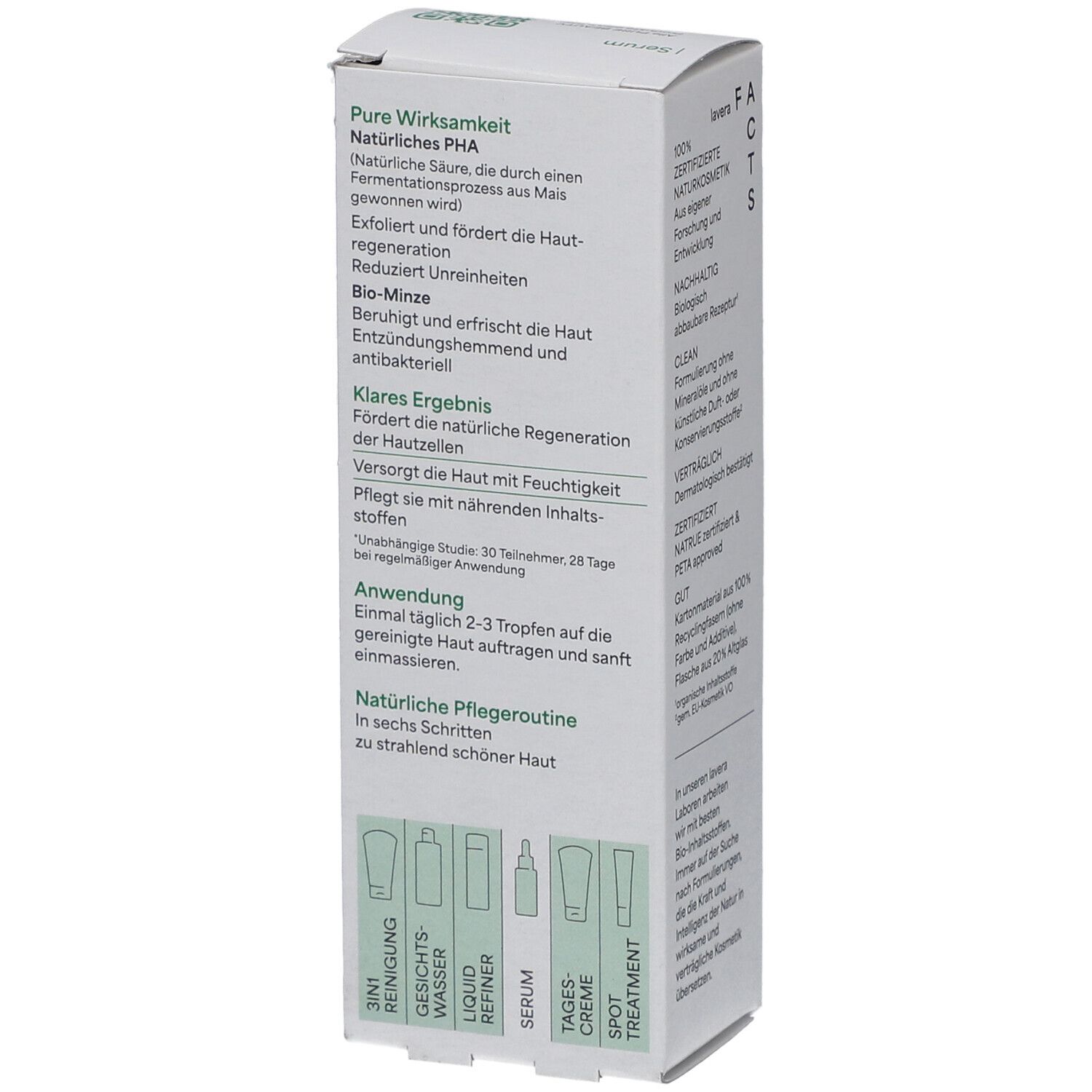 Rückseite der Lavera Serum Verpackung. Text über Inhaltsstoffe, Anwendung und Wirkstoffe. Illustrationen.