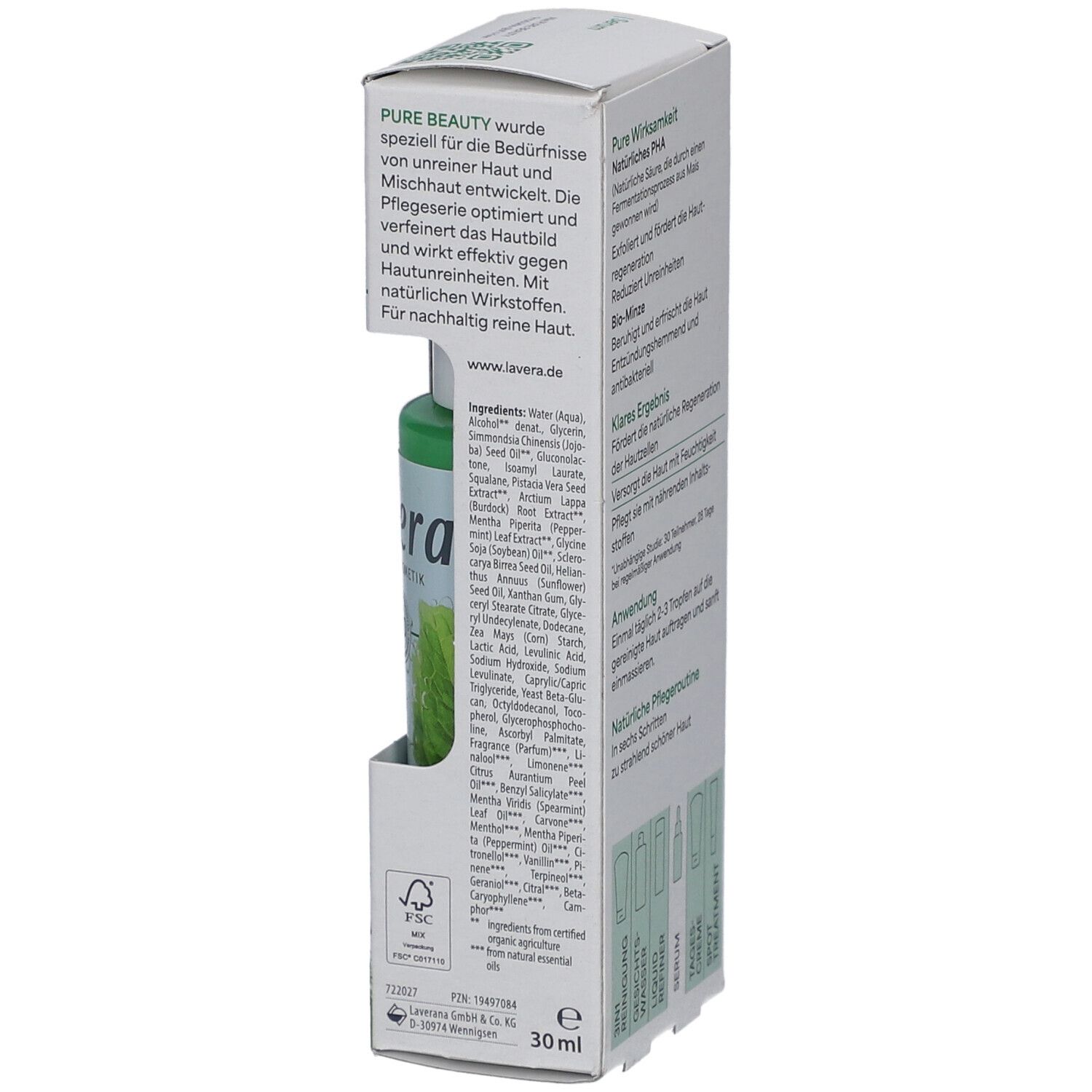 Lavera Serum Verpackung. Text über Inhaltsstoffe, u.a. '30 ml'. FSC-Zertifizierung. Vegan.