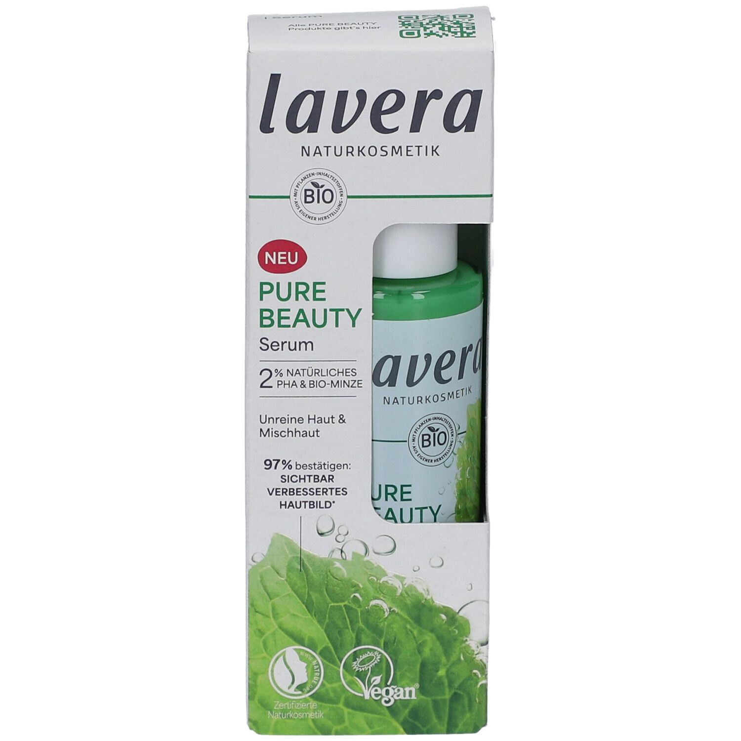 Lavera Serum in Verpackung. Grünliche Flasche, weißer Karton mit Logo und Produktinformationen. Vegan.