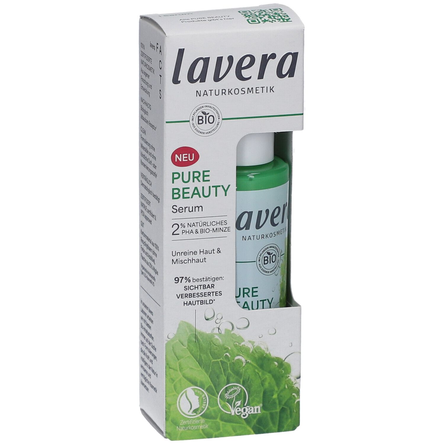 Lavera Serum in Verpackung. Grünliche Flasche, weißer Karton mit Logo und Produktinformationen. Vegan.