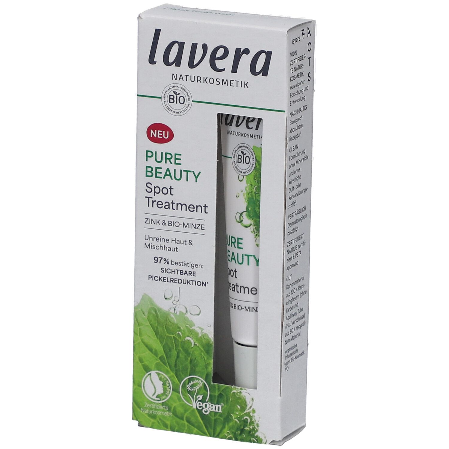 Verpackung mit Spot Treatment Tube. Marke: Lavera. Text: Pure Beauty, Zink & Bio-Minze. Vegan-Siegel. Bio-Zertifizierung.