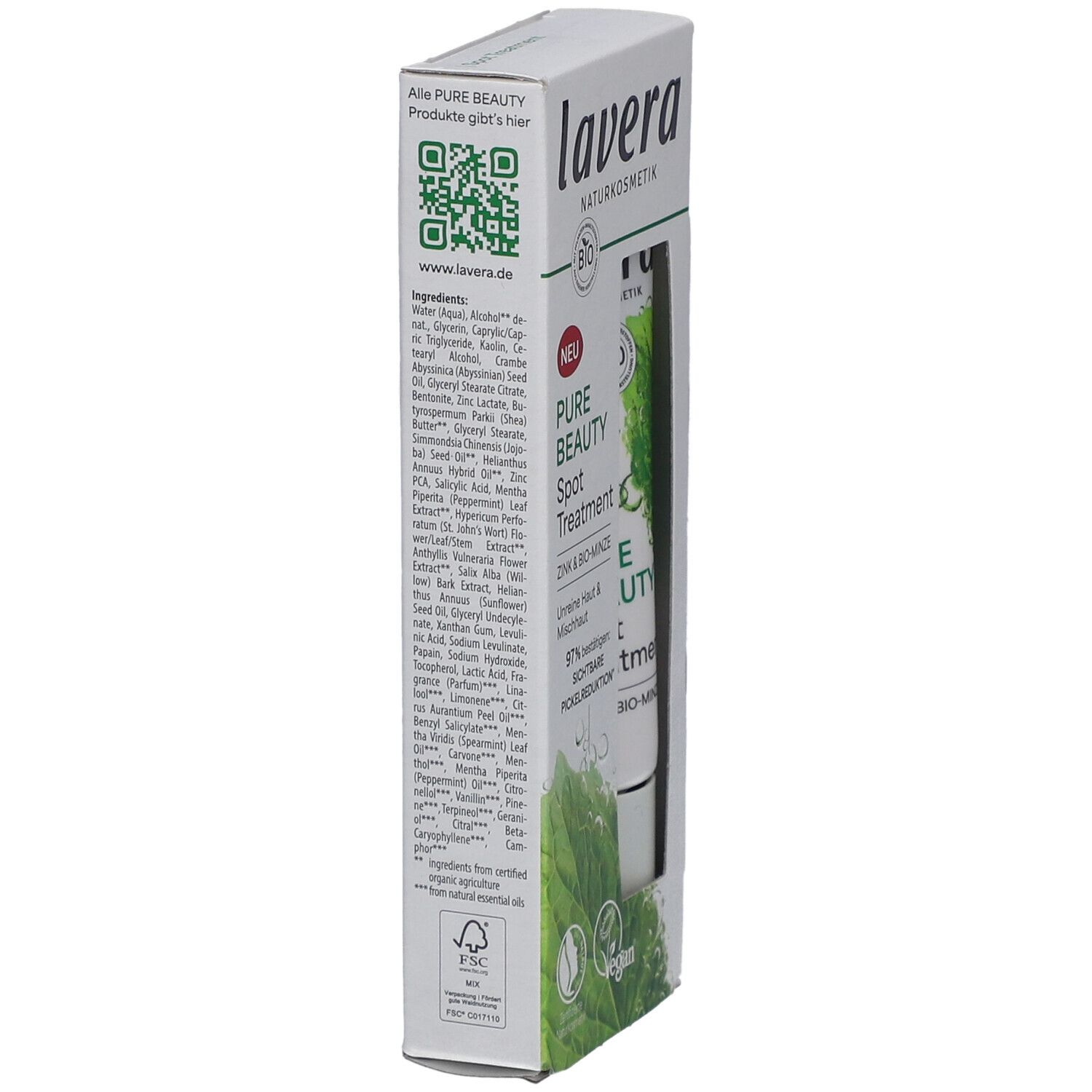 Verpackung, Seitenansicht. Marke: Lavera. Text: Pure Beauty Spot Treatment. Inhaltsstoffe. QR-Code. FSC-Siegel. Bio-Zertifizierung.
