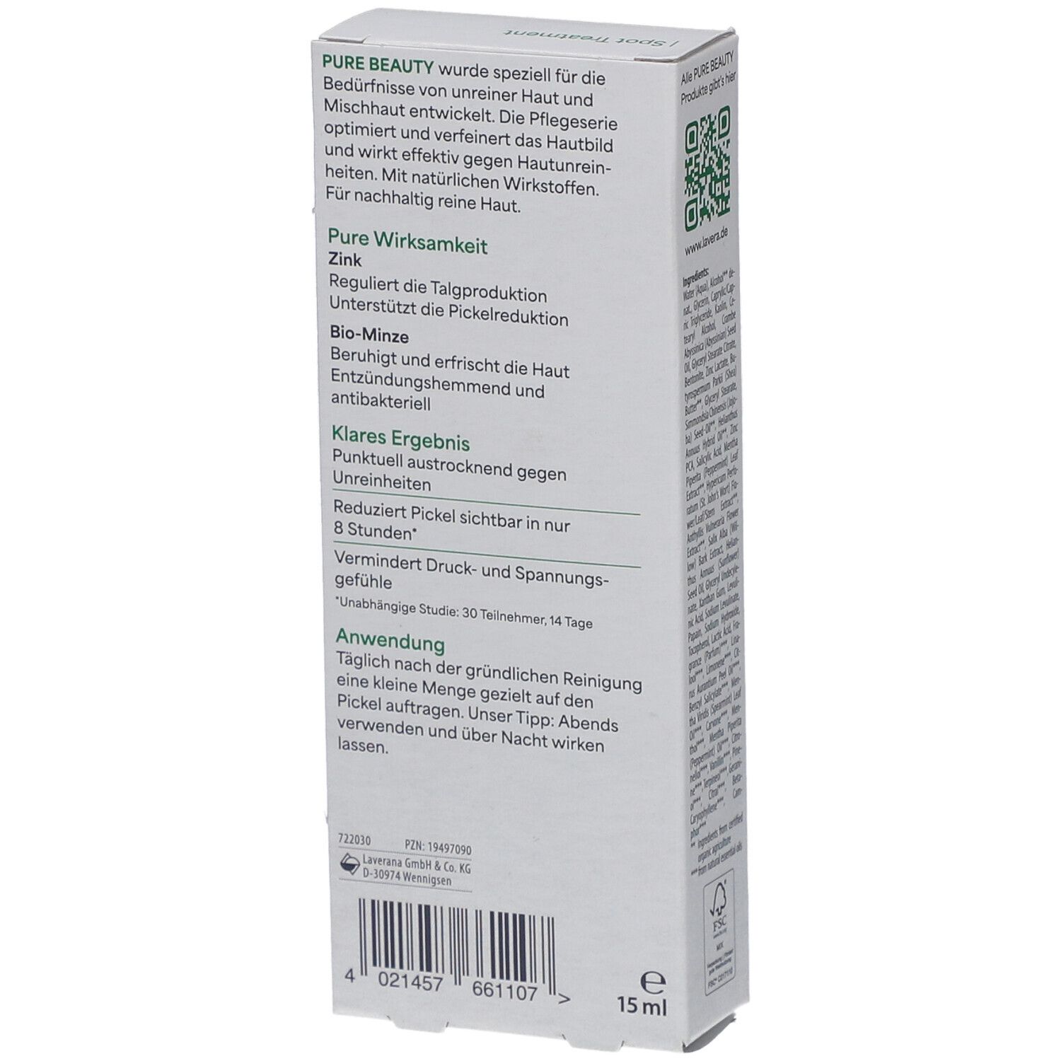 Verpackung, Rückseite. Text: Pure Beauty, Wirkstoffe, Anwendung. QR-Code. FSC-Siegel. 15 ml.