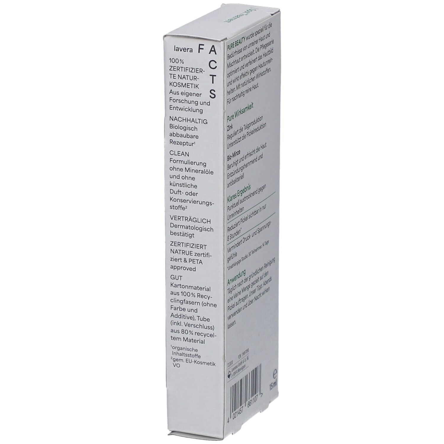 Verpackung, Seitenansicht. Text: Lavera, Zertifizierte Naturkosmetik. NATRUE-Siegel. 100% recyceltes Material.
