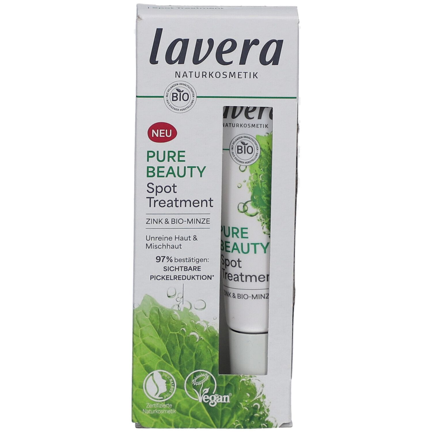 Verpackung mit Spot Treatment Tube. Marke: Lavera. Text: Pure Beauty, Zink & Bio-Minze. Vegan-Siegel. Bio-Zertifizierung.