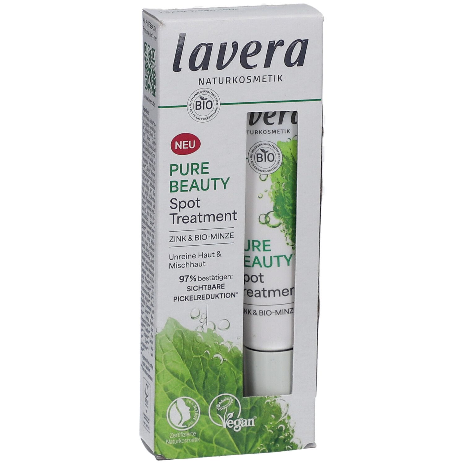 Verpackung mit Spot Treatment Tube. Marke: Lavera. Text: Pure Beauty, Zink & Bio-Minze. Vegan-Siegel. Bio-Zertifizierung.