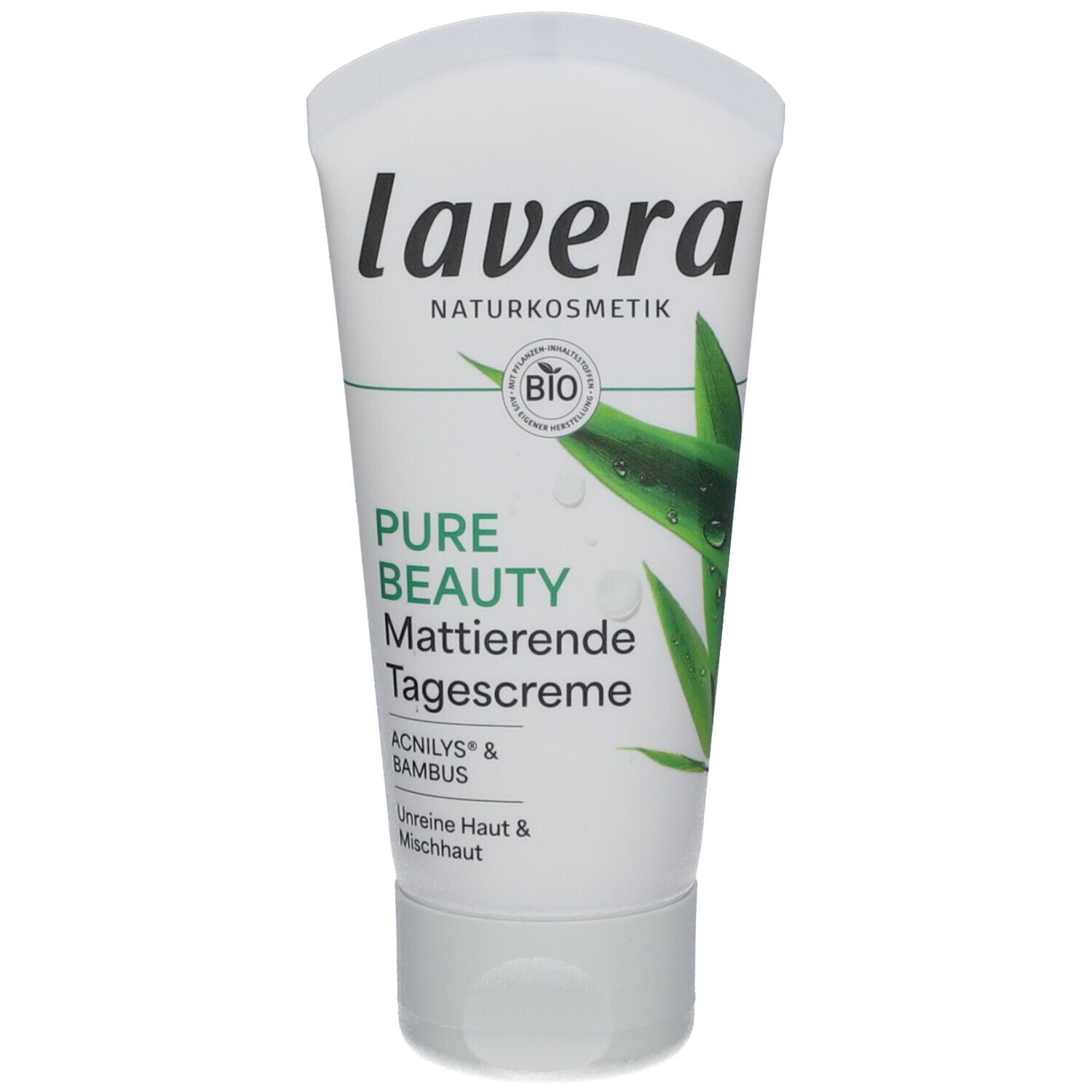 Weiße Tube mit grünem Aufdruck. Enthält Tagescreme. Marke: lavera. Text: Pure Beauty, Mattierende Tagescreme, Acnilys & Bambus.
