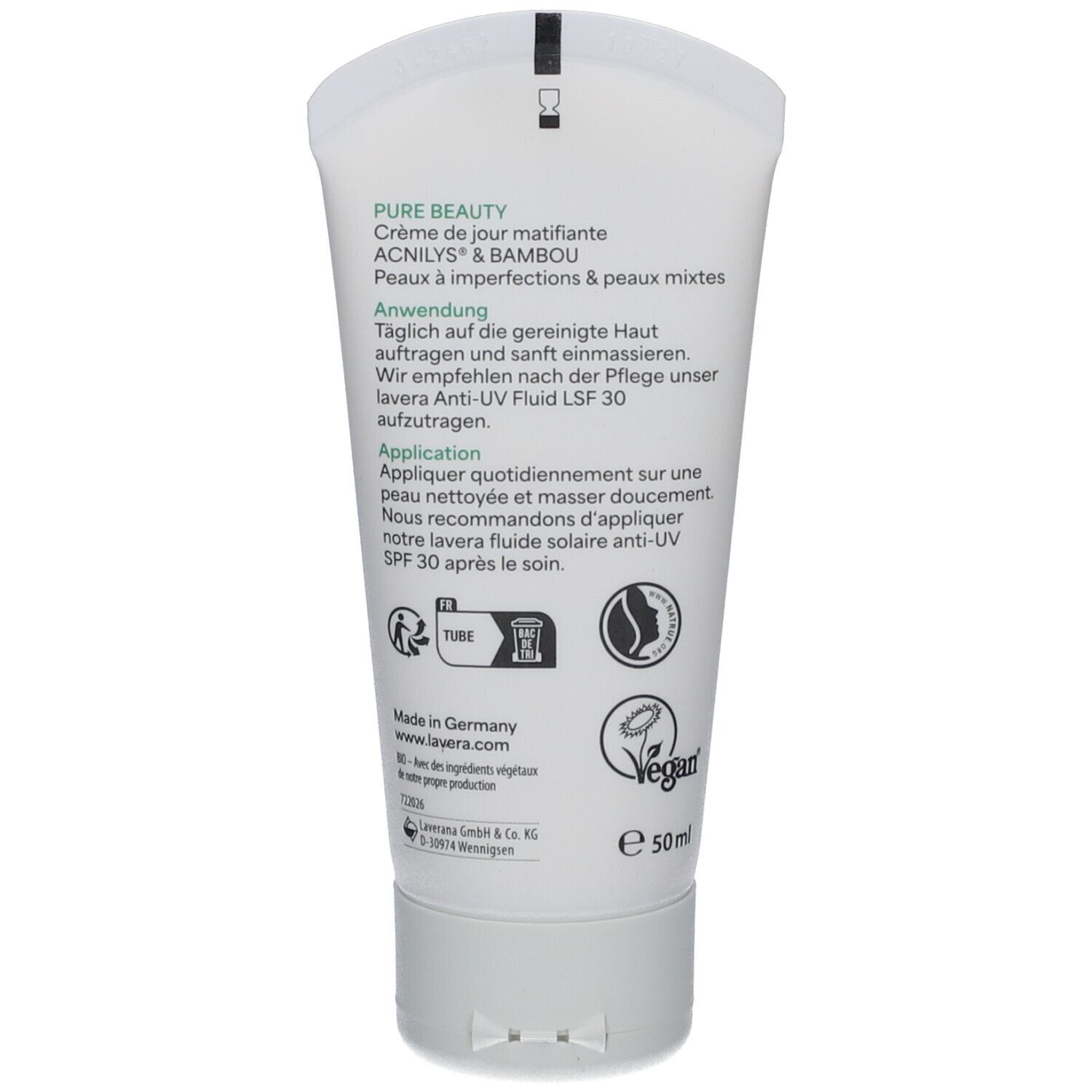 Rückseite der Tube. Text: Pure Beauty, Crème de jour matifiante. Anwendungshinweise in Deutsch und Französisch. Vegan-Siegel.