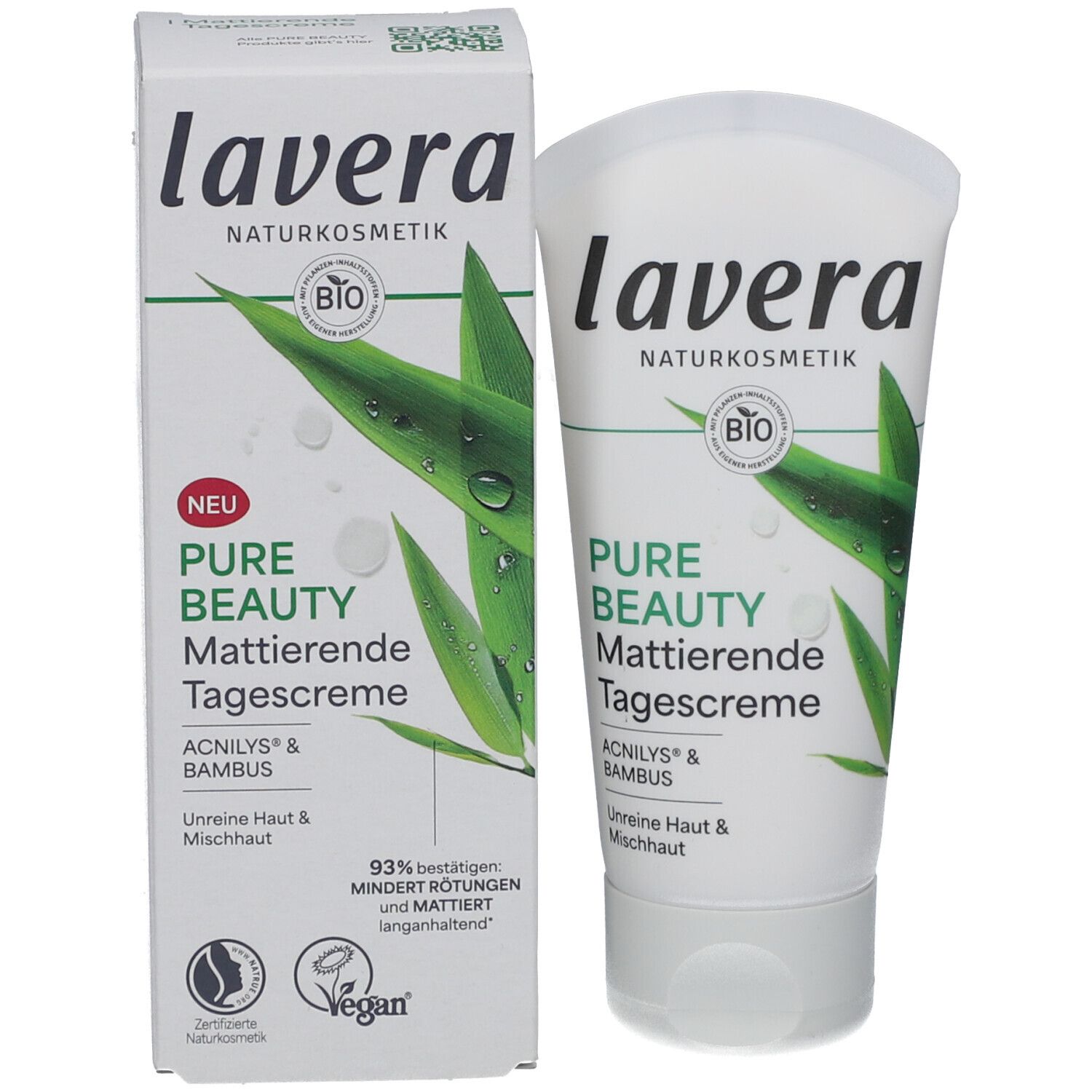 Produktverpackung mit Tube und Karton. Karton: lavera, Pure Beauty, Mattierende Tagescreme. Vegan-Siegel. Tube: lavera, Pure Beauty.