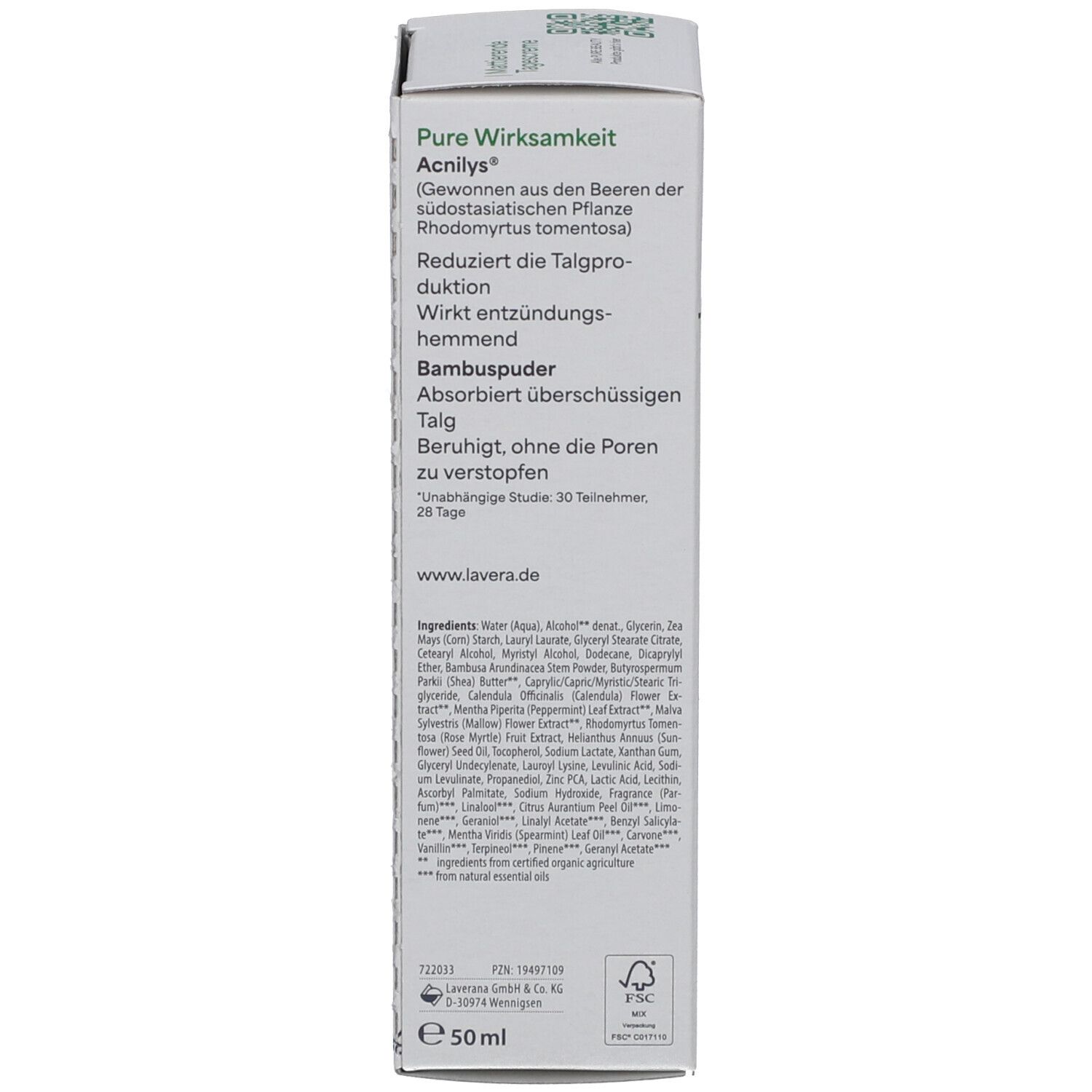 Rückseite der Kartonverpackung. Text: Pure Wirksamkeit Acnilys. Inhaltsstoffe. Vegan-Siegel. Marke: lavera. E50ml.