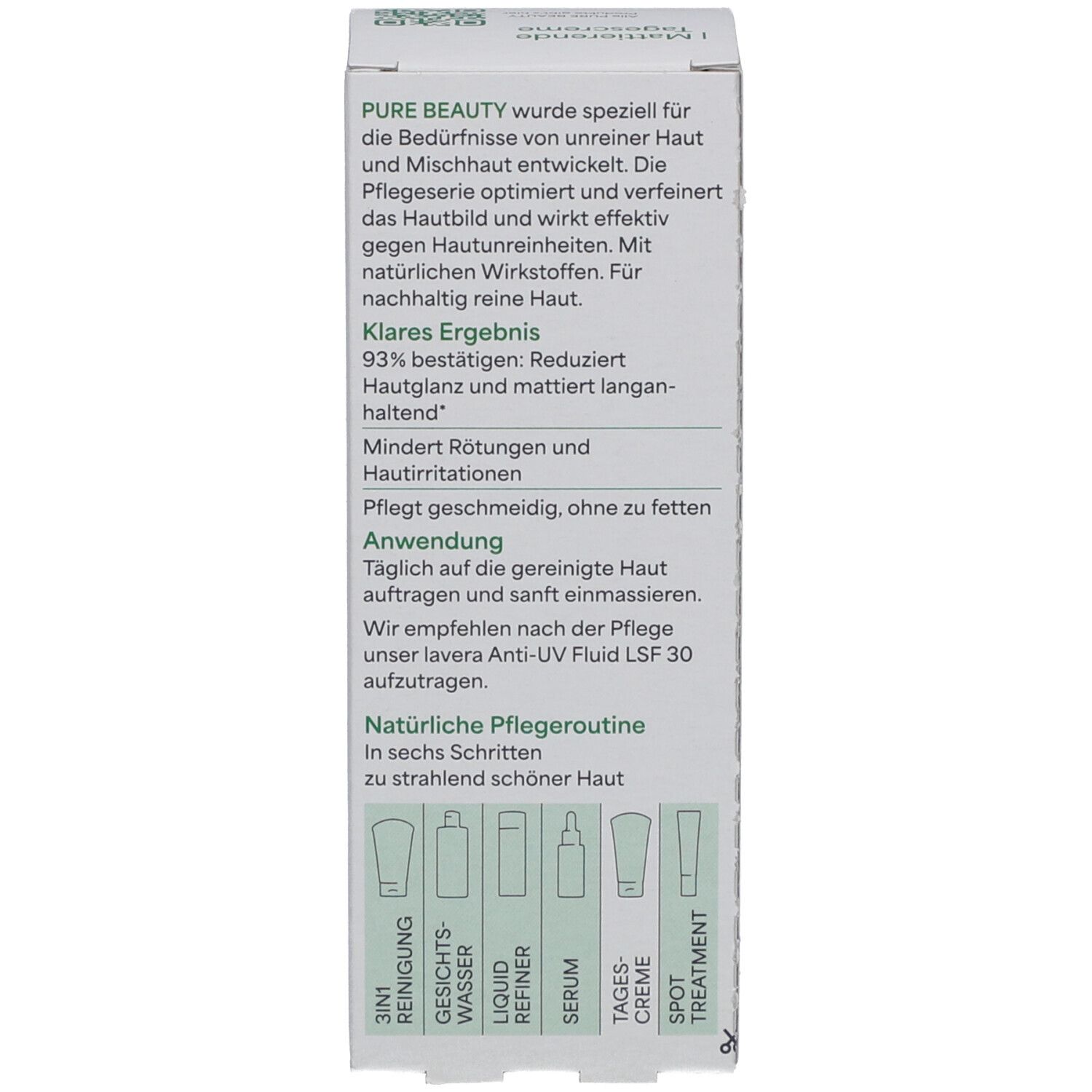 Seite der Kartonverpackung. Text: Pure Beauty wurde speziell für unreine Haut entwickelt. Anwendungshinweise. Vegan-Siegel. Marke: lavera.