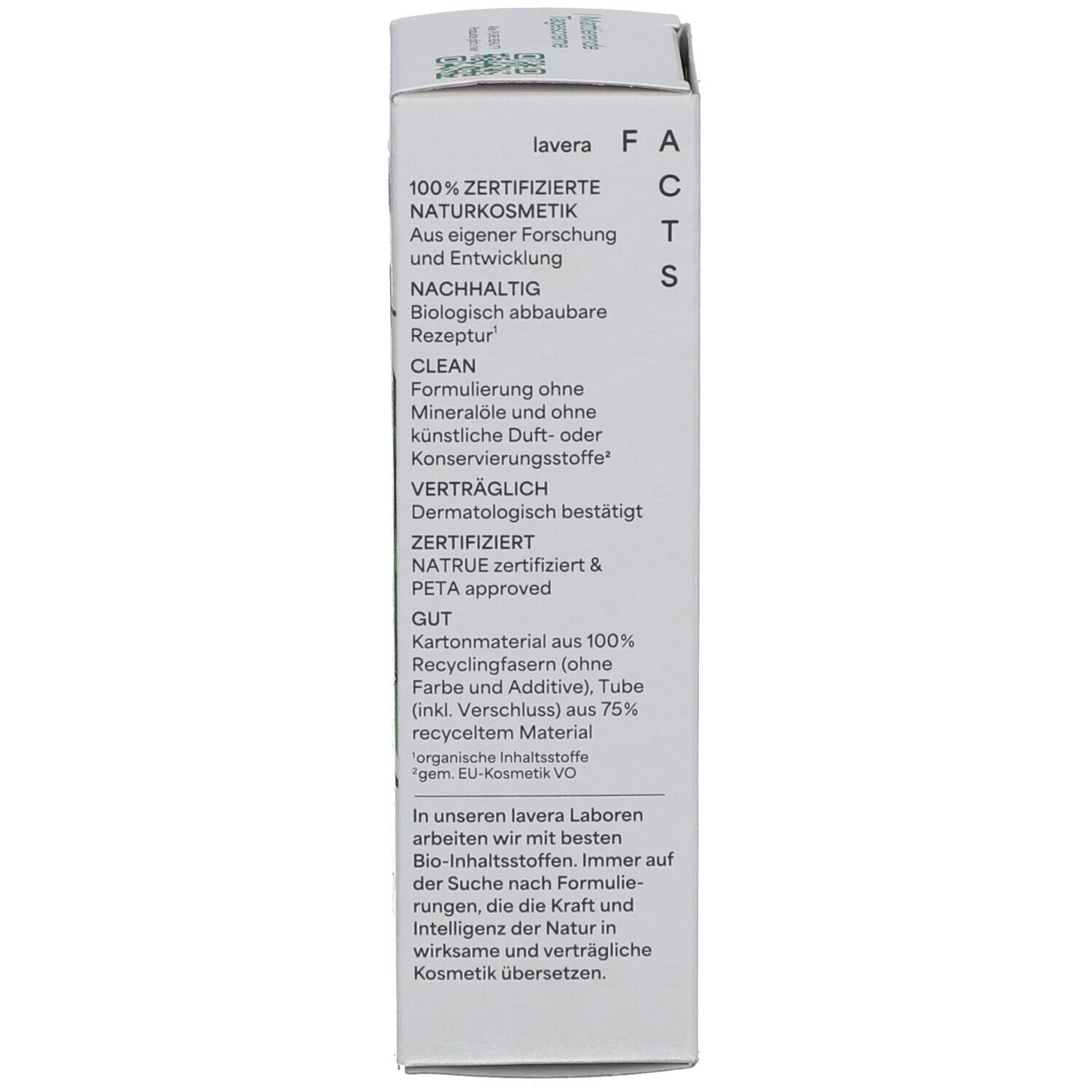 Seite der Kartonverpackung. Text: 100% zertifizierte Naturkosmetik. NATRUE zertifiziert. PETA approved. Marke: lavera. Vegan-Siegel.