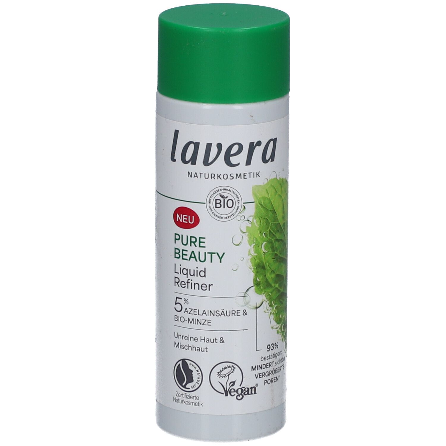 Lavera Pure Beauty Liquid Refiner. Weiße Flasche mit grünem Deckel. Enthält 5% Azelainsäure & Bio-Minze. Vegan.