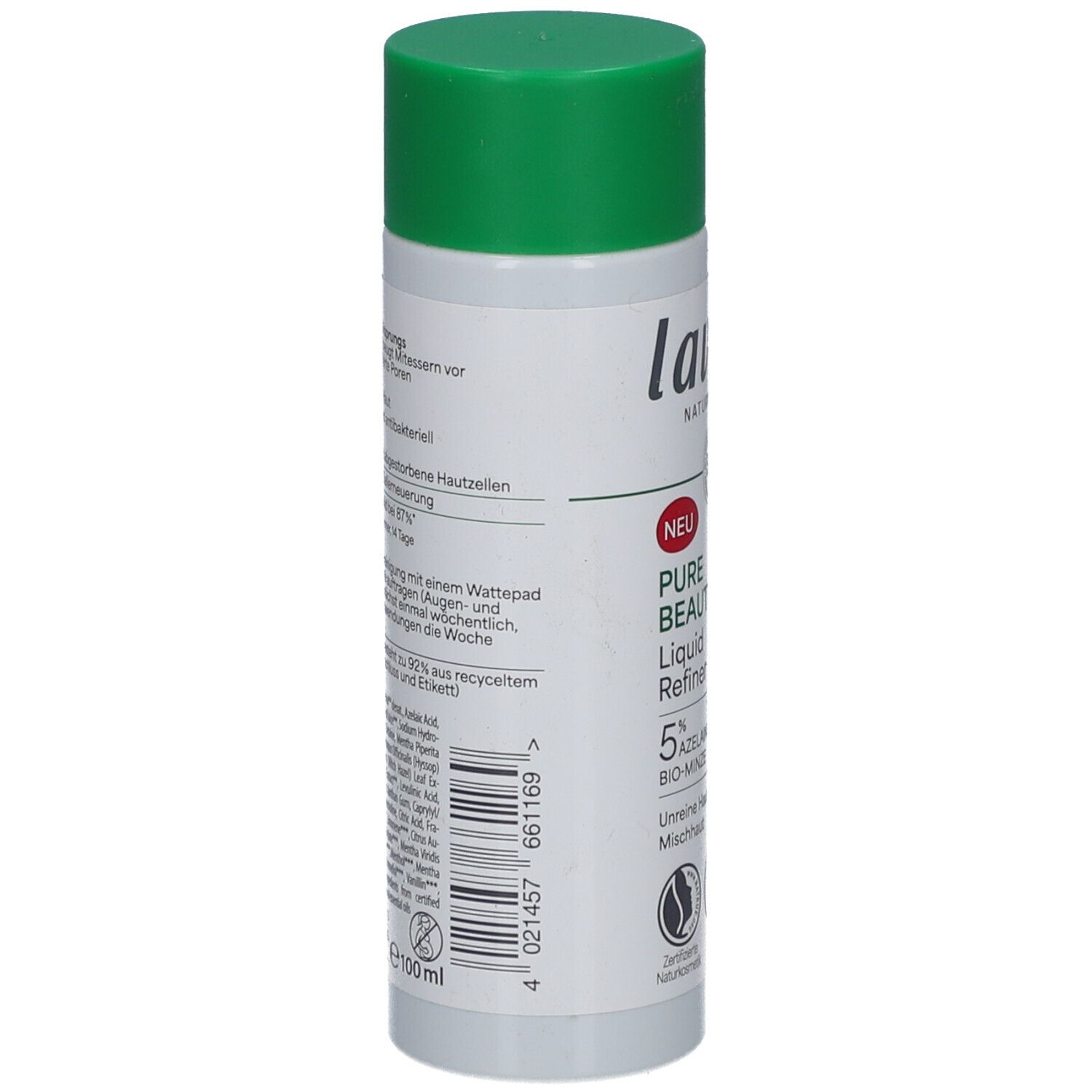 Lavera Pure Beauty Liquid Refiner. Rückseite der Flasche mit Text. Grüne Kappe. Vegan-Logo. 100 ml.