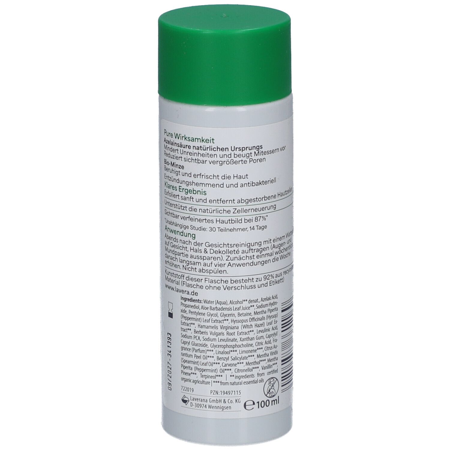 Lavera Pure Beauty Liquid Refiner. Rückseite der Flasche mit Text. Grüne Kappe. 100 ml. Inhaltsstoffe.