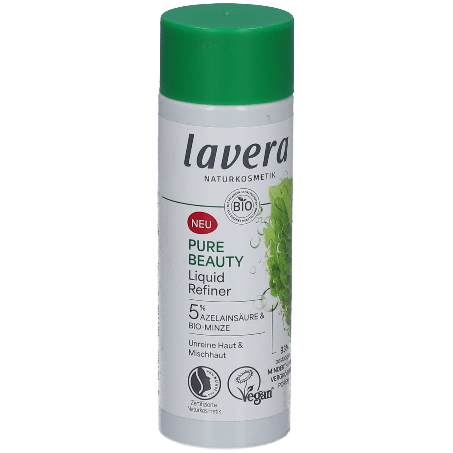 Lavera Pure Beauty Liquid Refiner. Weiße Flasche mit grünem Deckel. Enthält 5% Azelainsäure & Bio-Minze. Vegan.