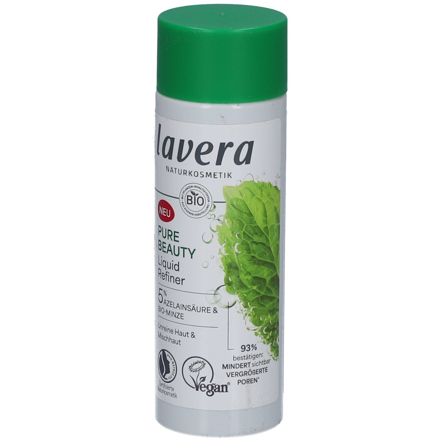 Lavera Pure Beauty Liquid Refiner. Weiße Flasche mit grünem Deckel. Enthält 5% Azelainsäure & Bio-Minze. Vegan.