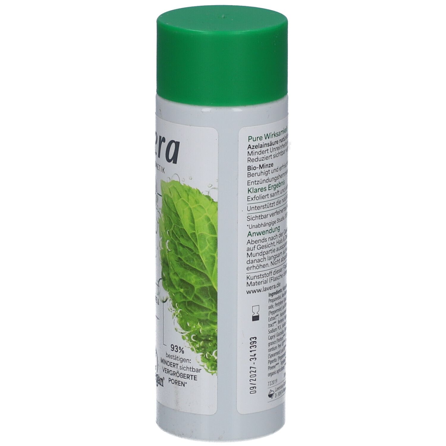 Lavera Pure Beauty Liquid Refiner. Rückseite der Flasche mit Text. Grüne Kappe. Vegan-Logo. 100 ml.