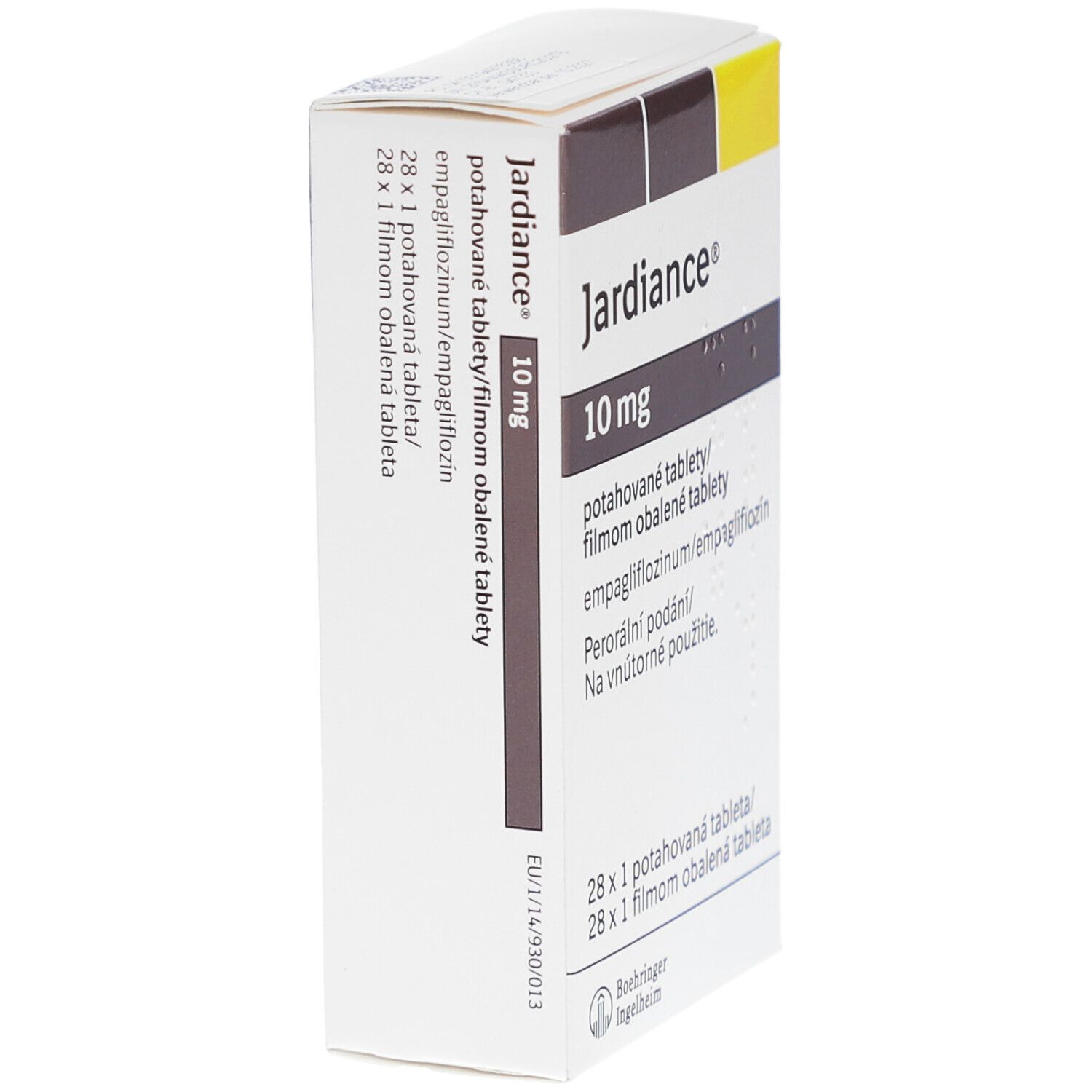 Schachtel Jardiance 10 mg, Seitenansicht. Aufschrift: 10 mg, potahované tablety, 28 Tabletten. Boehringer Ingelheim Logo.