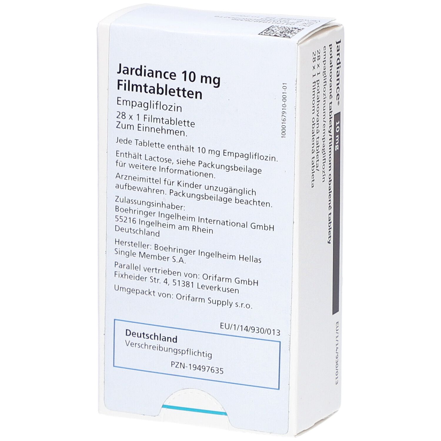 Rückseite der Jardiance 10 mg Filmtabletten-Schachtel. Text: 10 mg, 28 Tabletten, Empagliflozin. Hersteller: Boehringer Ingelheim.