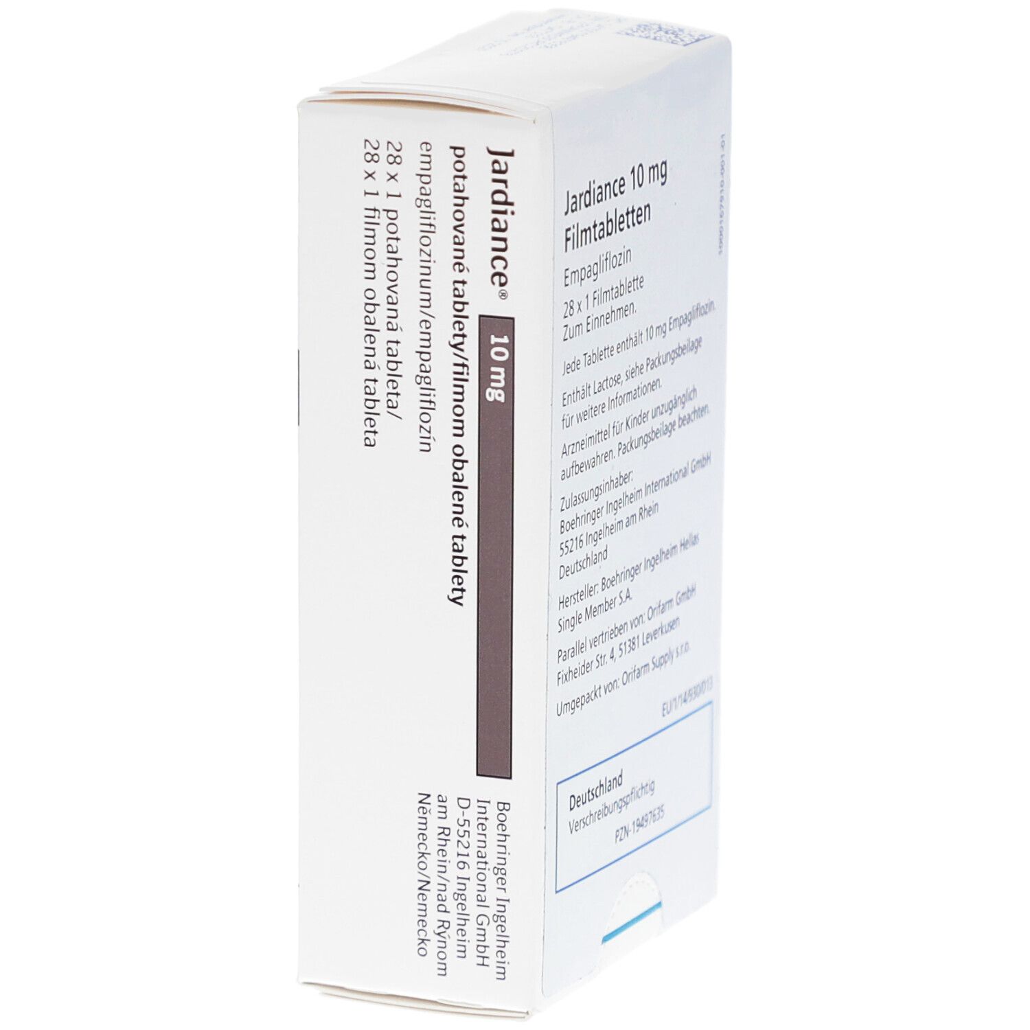 Jardiance 10 mg Schachtel, Seitenansicht. Aufschrift: 10 mg, potahované tablety, 28 Tabletten. Boehringer Ingelheim Logo.