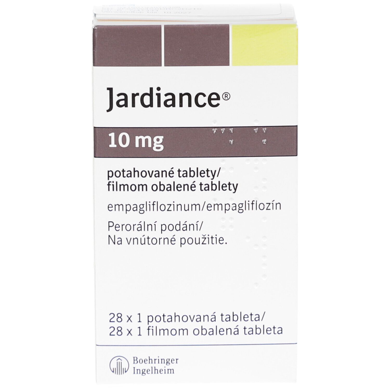 Schachtel mit Jardiance 10 mg Filmtabletten. Aufschrift: 10 mg, potahované tablety, 28 Tabletten. Boehringer Ingelheim Logo.