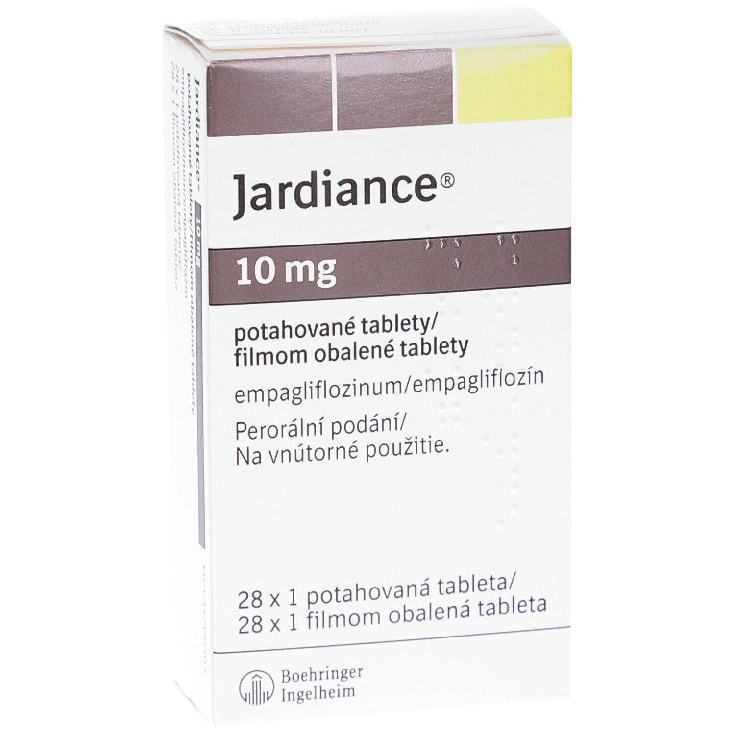 Schachtel mit Jardiance 10 mg Filmtabletten. Aufschrift: 10 mg, potahované tablety, 28 Tabletten. Boehringer Ingelheim Logo.