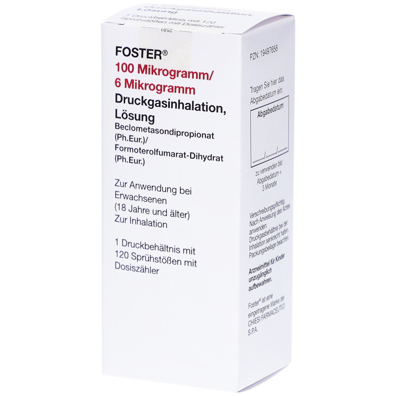Weiße Faltschachtel mit Produktinformationen. Oben links: FOSTER 100/6 Mikrogramm. Text in Deutsch. Enthält 120 Sprühstöße.