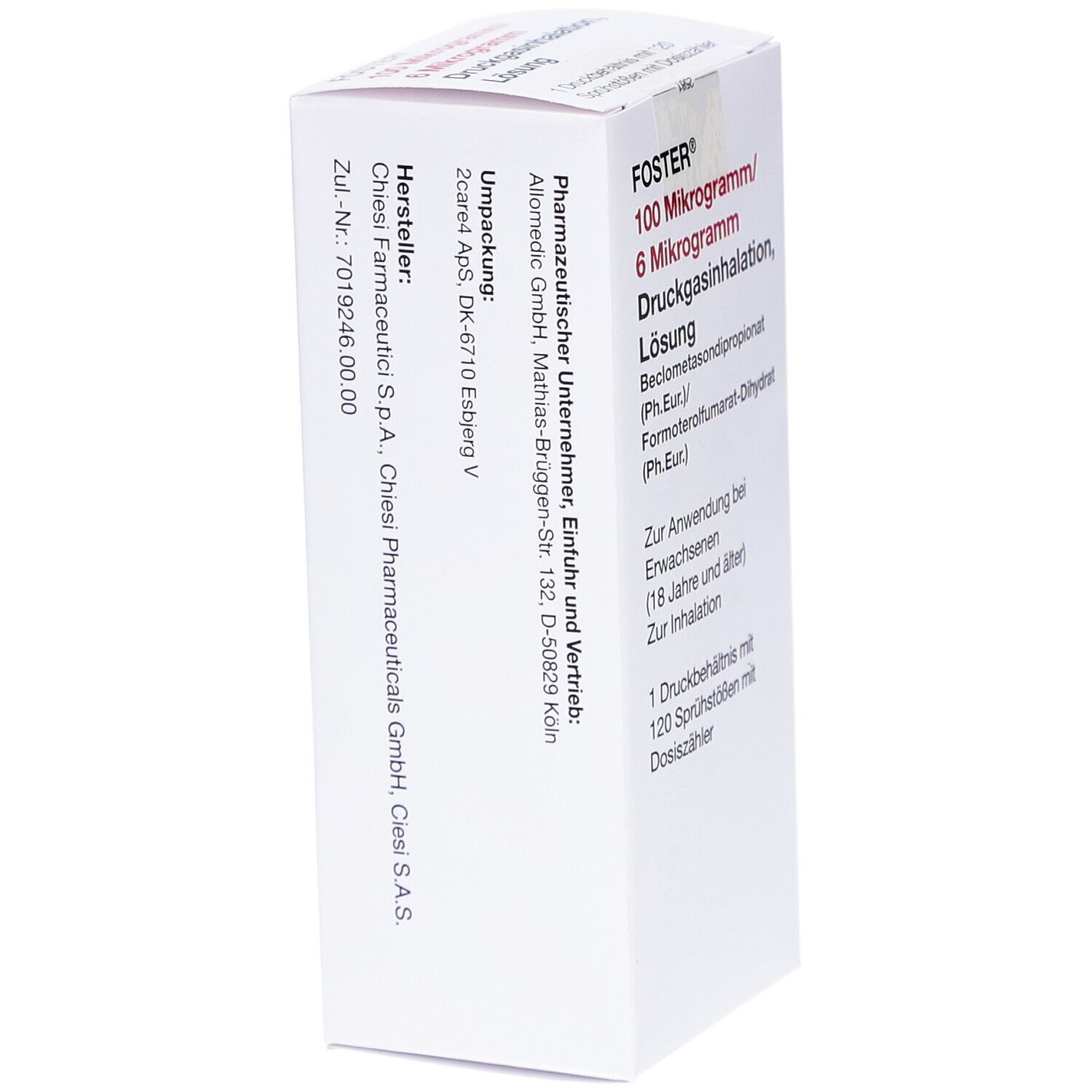 Weiße Faltschachtel, Seitenansicht. Text: FOSTER 100 Mikrogramm/6 Mikrogramm. Hersteller: Chiesi Farmaceutici S.p.A. und weitere Informationen.