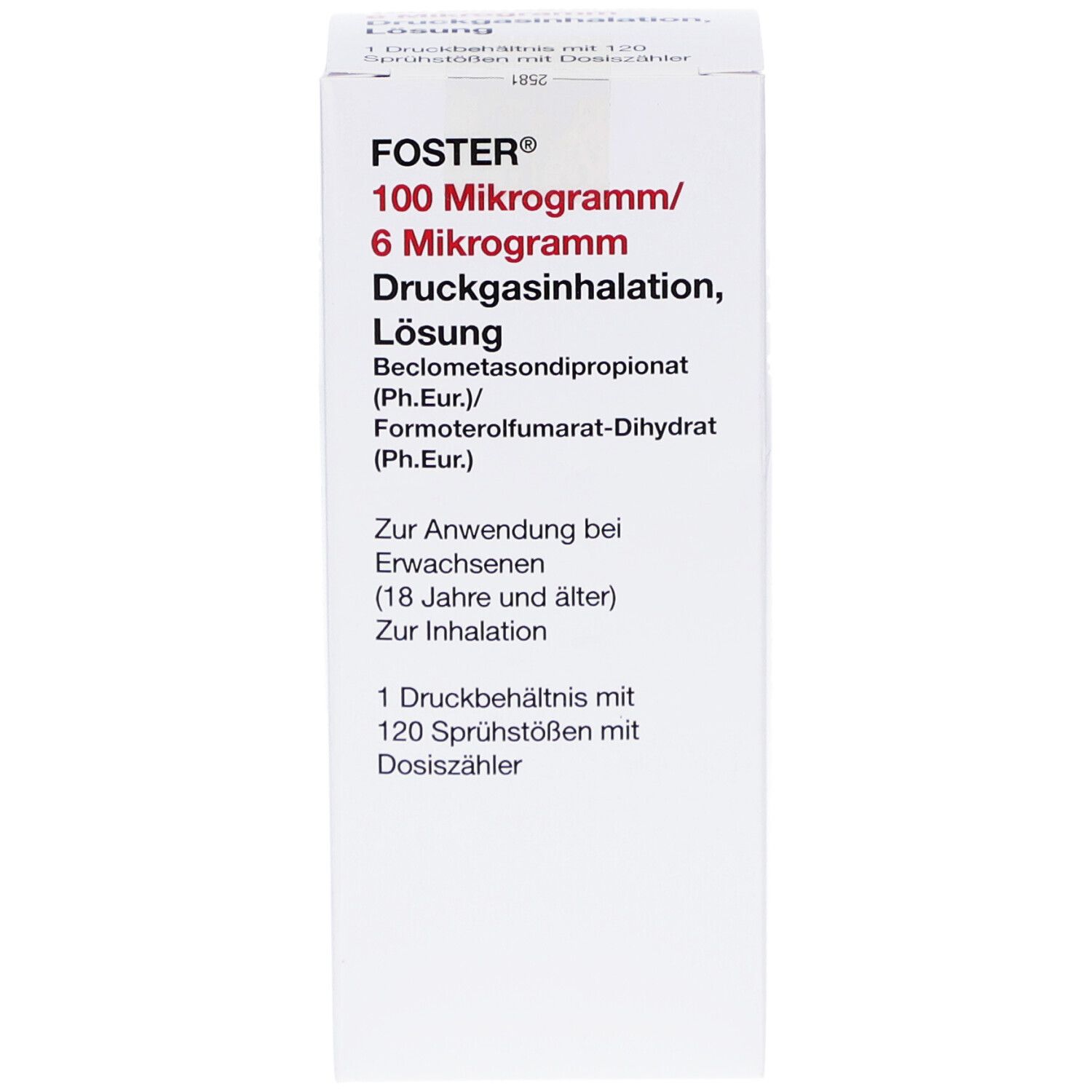 Weiße Faltschachtel mit Produktinformationen. Oben links: FOSTER 100/6 Mikrogramm. Text in Deutsch. Enthält 120 Sprühstöße.