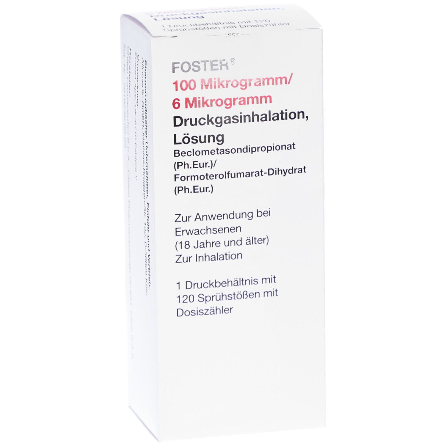 Weiße Faltschachtel mit Produktinformationen. Oben links: FOSTER 100/6 Mikrogramm. Text in Deutsch. Enthält 120 Sprühstöße.