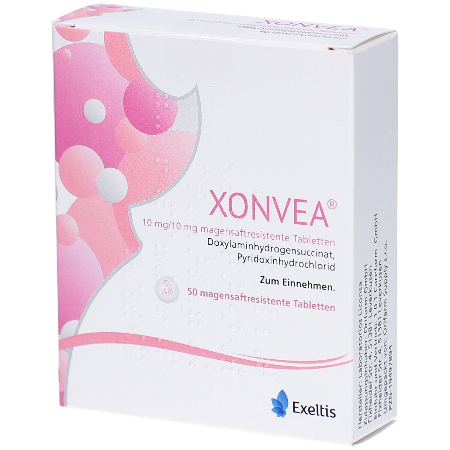 Weiße Schachtel mit rosa Design. Aufschrift: XONVEA, 10 mg/10 mg magensaftresistente Tabletten. Enthält 50 Tabletten. Exeltis Logo.