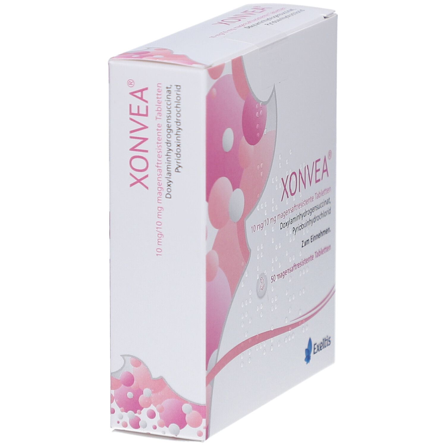 Schachtel XONVEA, schräg von der Seite. Aufschrift: 10 mg/10 mg magensaftresistente Tabletten. Rosa Design. Exeltis Logo.
