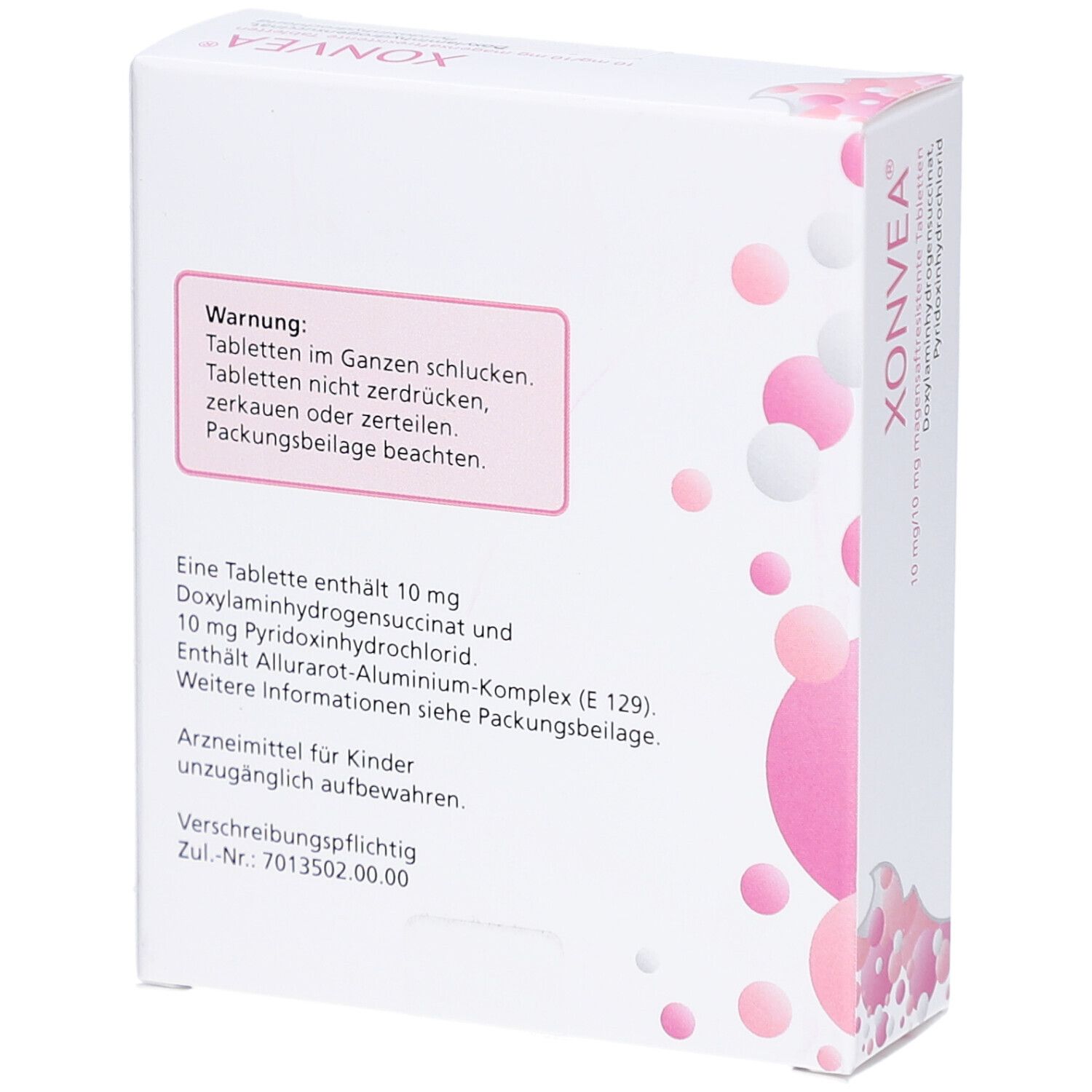 Rückseite der XONVEA-Schachtel. Warnhinweise und Inhaltsangaben. Rosa Design mit weißen Kreisen. Exeltis Logo.