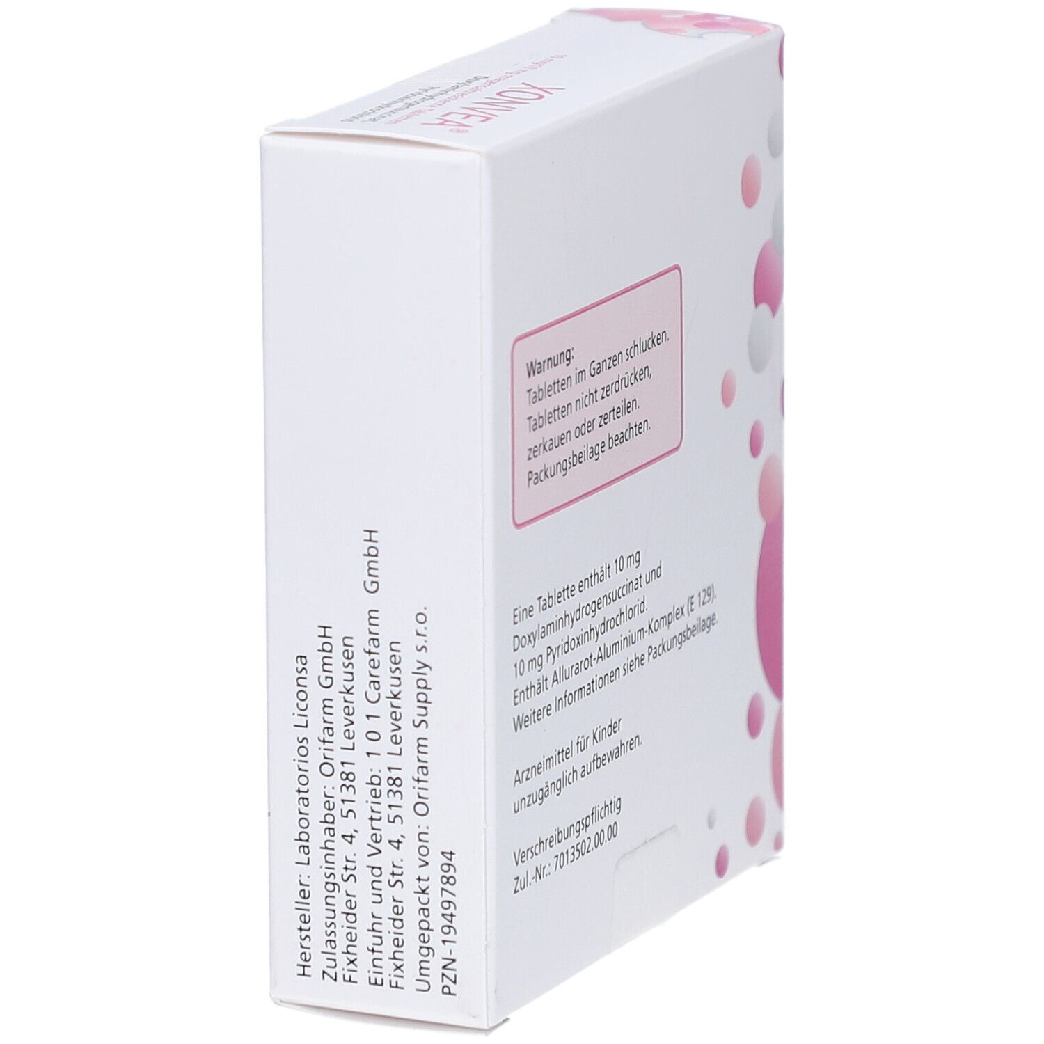 Seitenansicht der XONVEA-Schachtel. Warnhinweise und Inhaltsangaben. Rosa Design mit weißen Kreisen. Exeltis Logo.