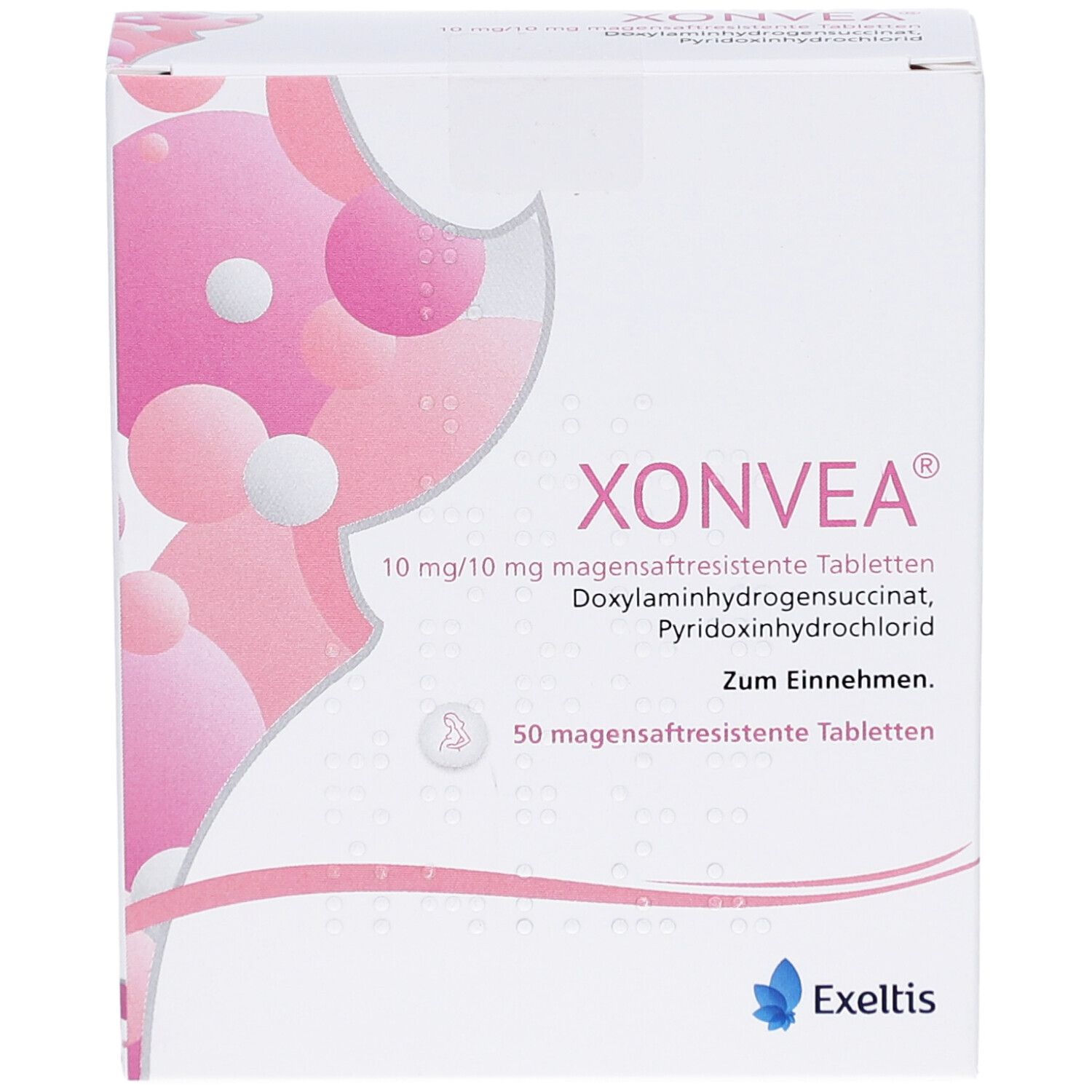 Weiße Schachtel mit rosa Design. Aufschrift: XONVEA, 10 mg/10 mg magensaftresistente Tabletten. Enthält 50 Tabletten. Exeltis Logo.