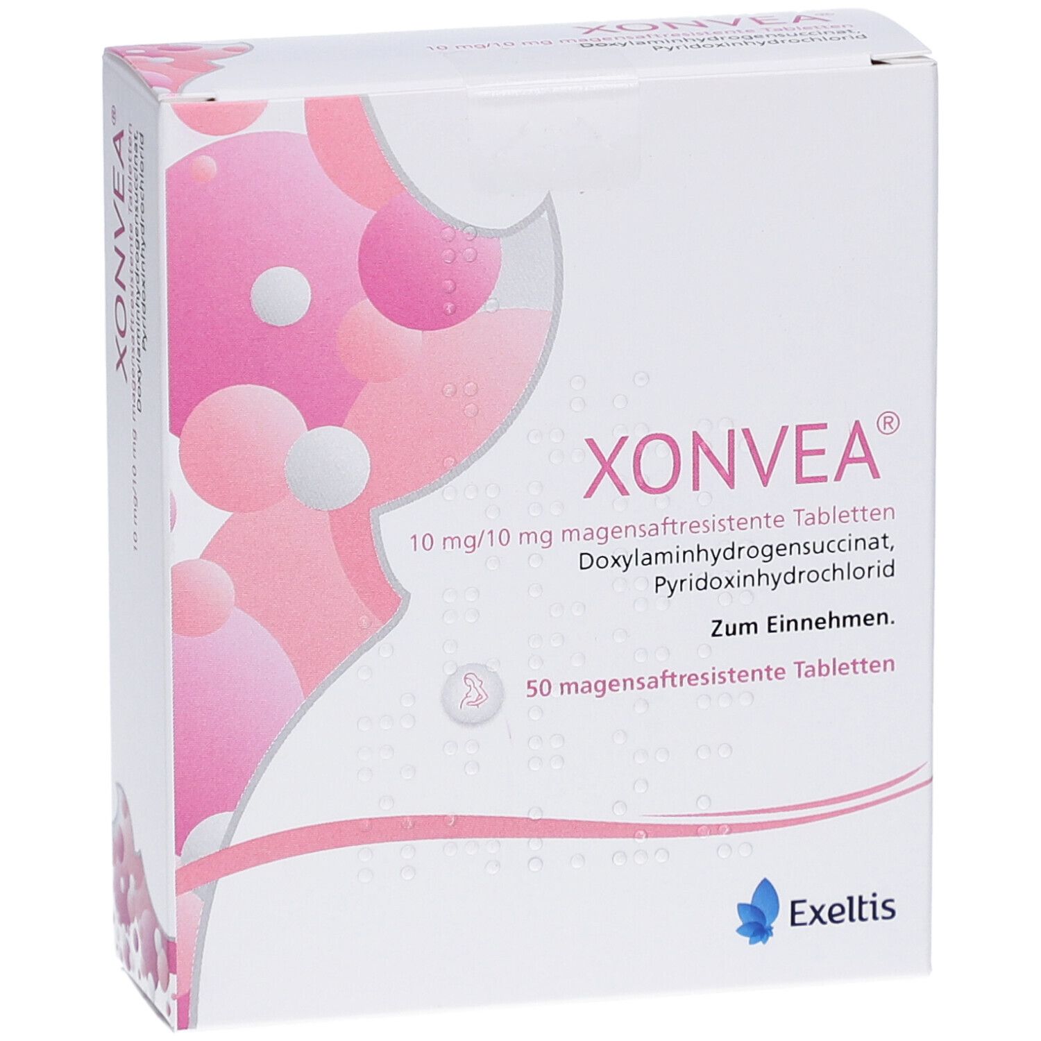 Weiße Schachtel mit rosa Design. Aufschrift: XONVEA, 10 mg/10 mg magensaftresistente Tabletten. Enthält 50 Tabletten. Exeltis Logo.