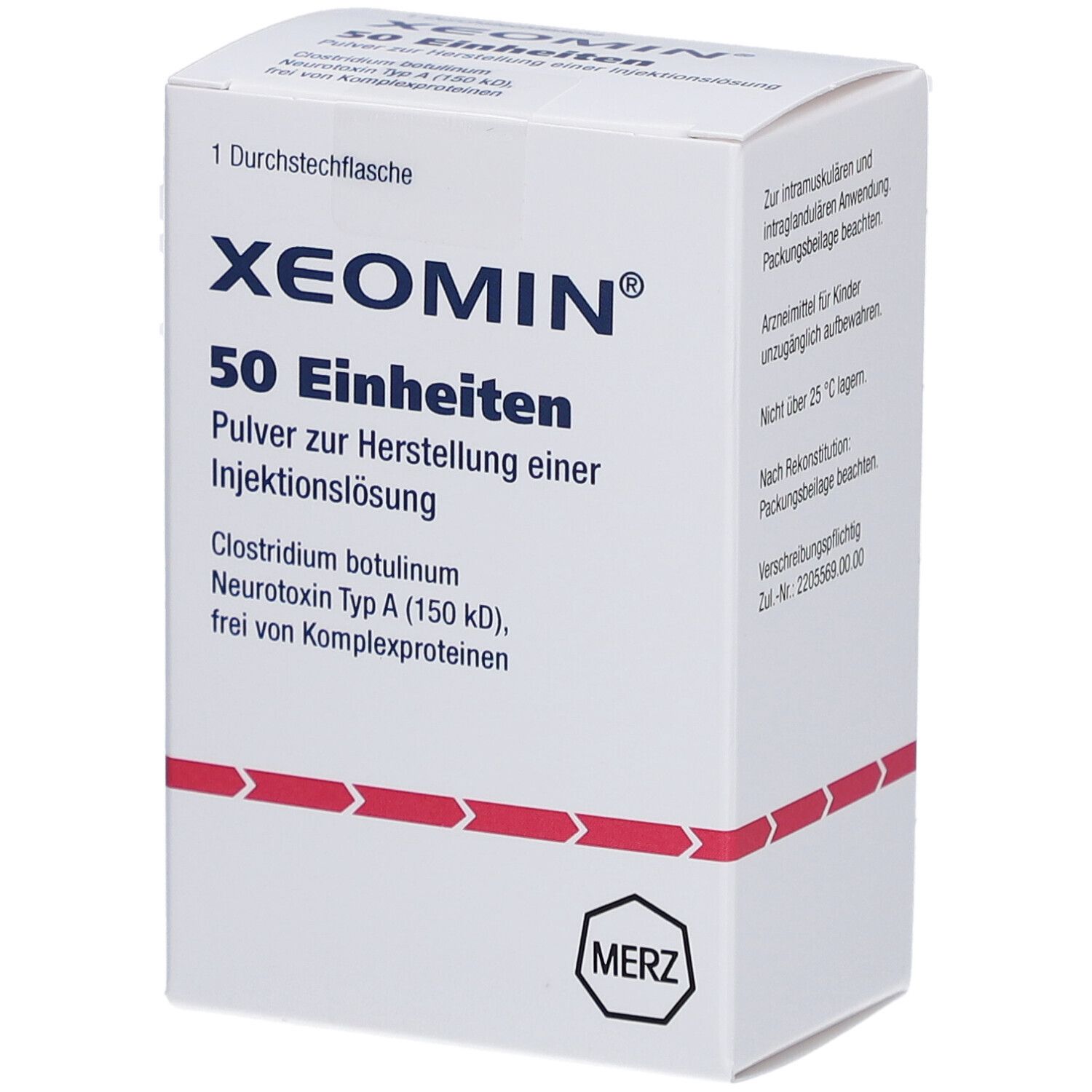 Weiße Schachtel mit XEOMIN-Logo und Aufschrift 50 Einheiten. Enthält Pulver zur Herstellung einer Injektionslösung.