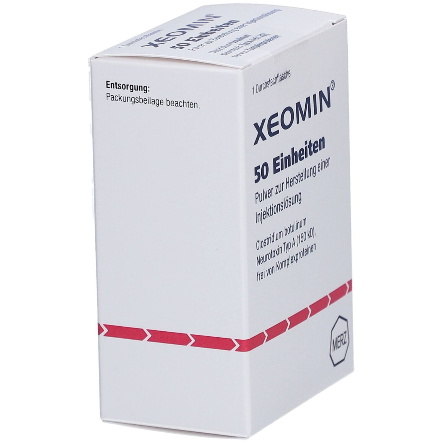 Weiße Schachtel mit XEOMIN-Logo und Aufschrift 50 Einheiten. Rote Zierlinie. Enthält Pulver zur Injektionslösung.