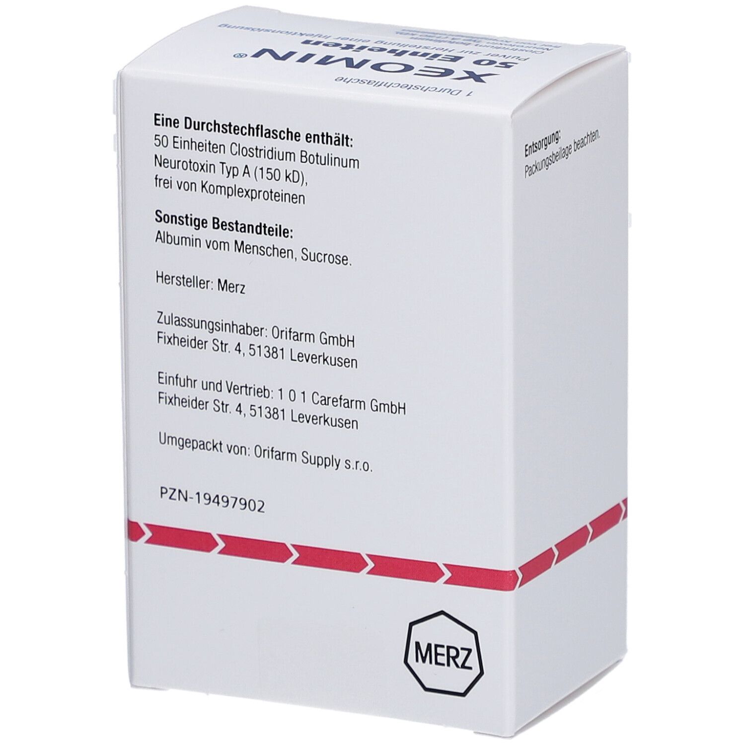 Weiße Schachtel, Rückseite. Enthält Informationen zu Inhaltsstoffen, Hersteller, Importeur und Vertrieb.