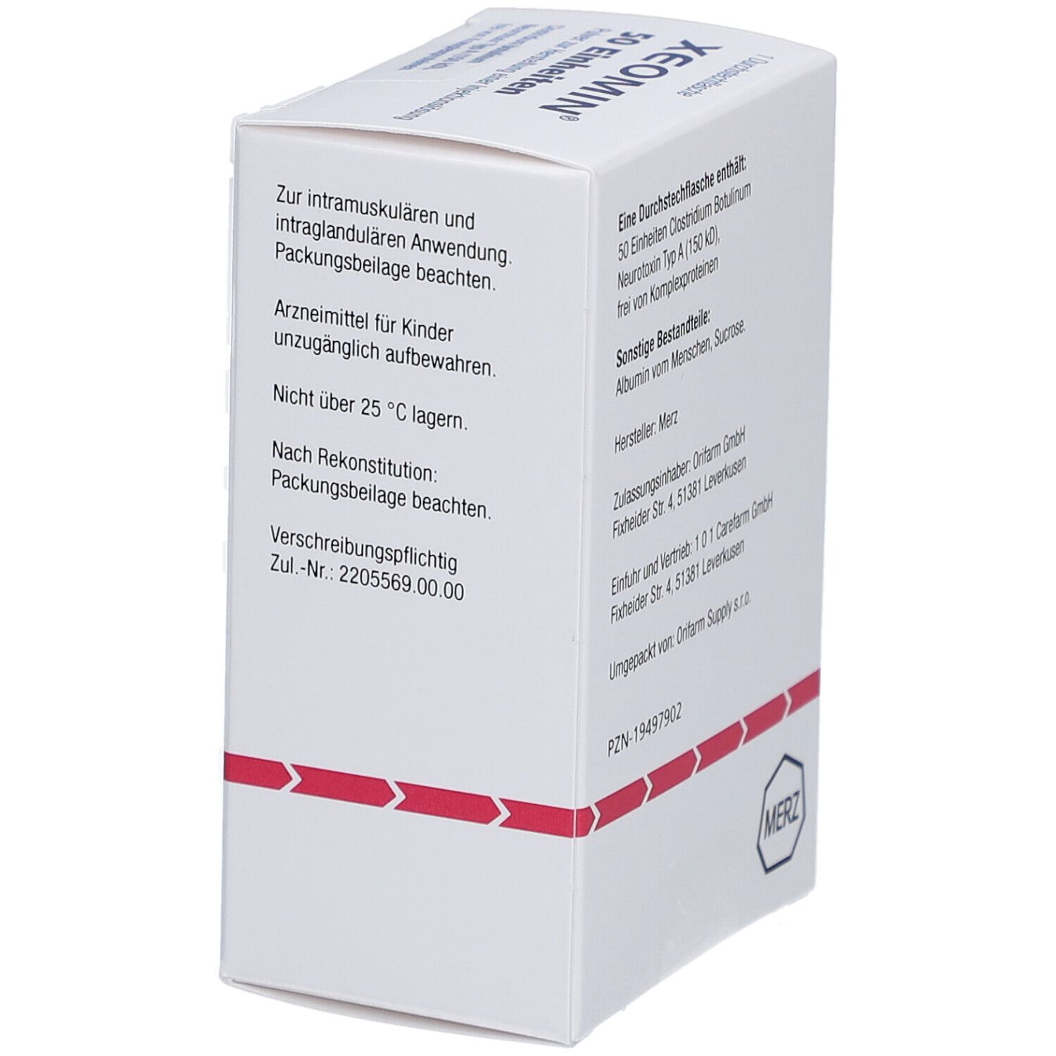 Weiße Schachtel, Seitenansicht. Enthält Informationen zur Anwendung und Lagerung. Rote Zierlinie.