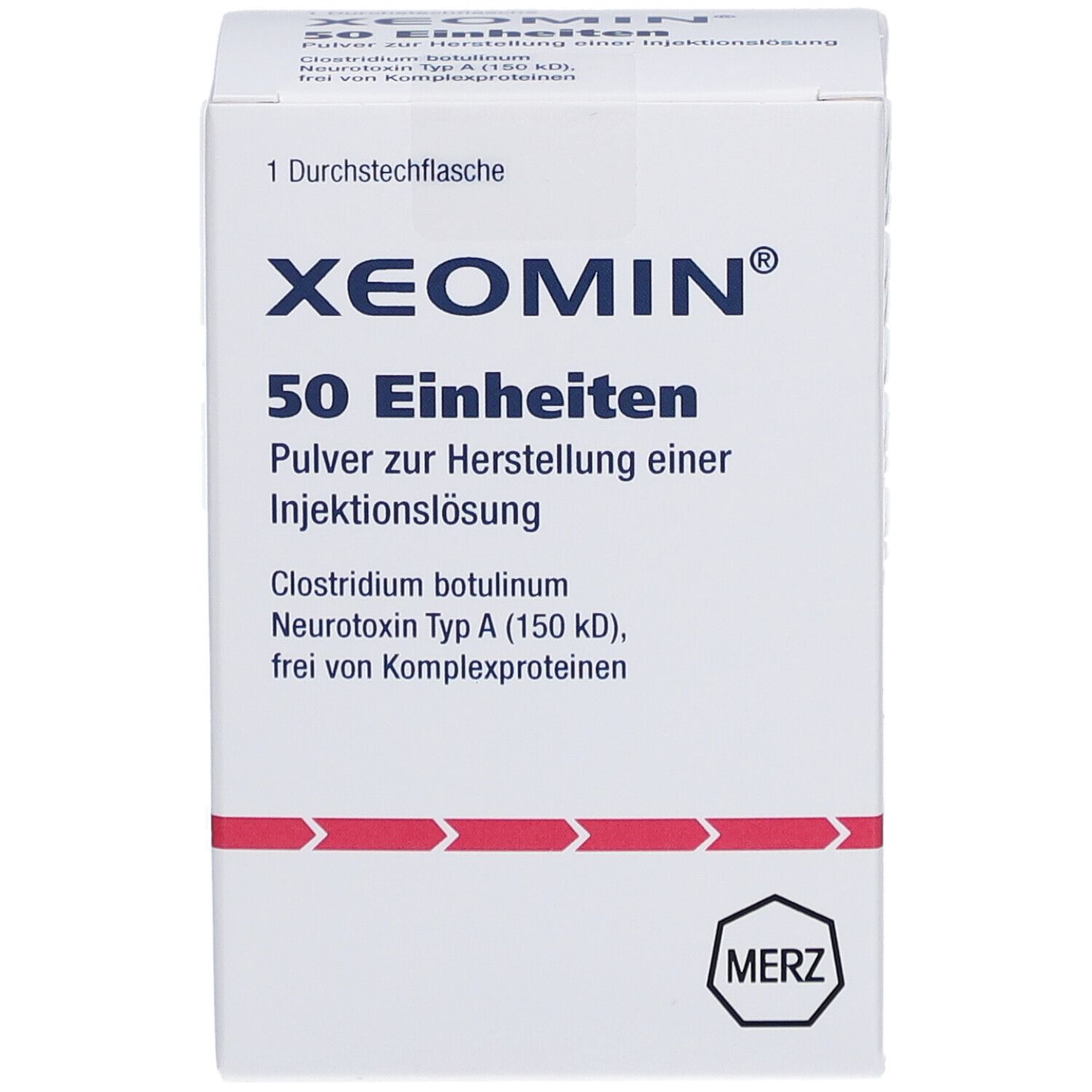 Weiße Schachtel mit XEOMIN-Logo und Aufschrift 50 Einheiten. Enthält Pulver zur Herstellung einer Injektionslösung.